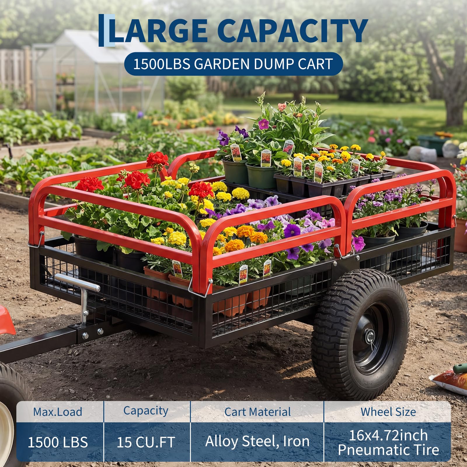 Garvee Dump Cart, 1500 lb Steel Garden Utility Wagon, True 15 Cu Ft Tow Behind ATV, UTV & Lawn Mower, Quick Release Dump, Removable Sides, Pneumatic Tires