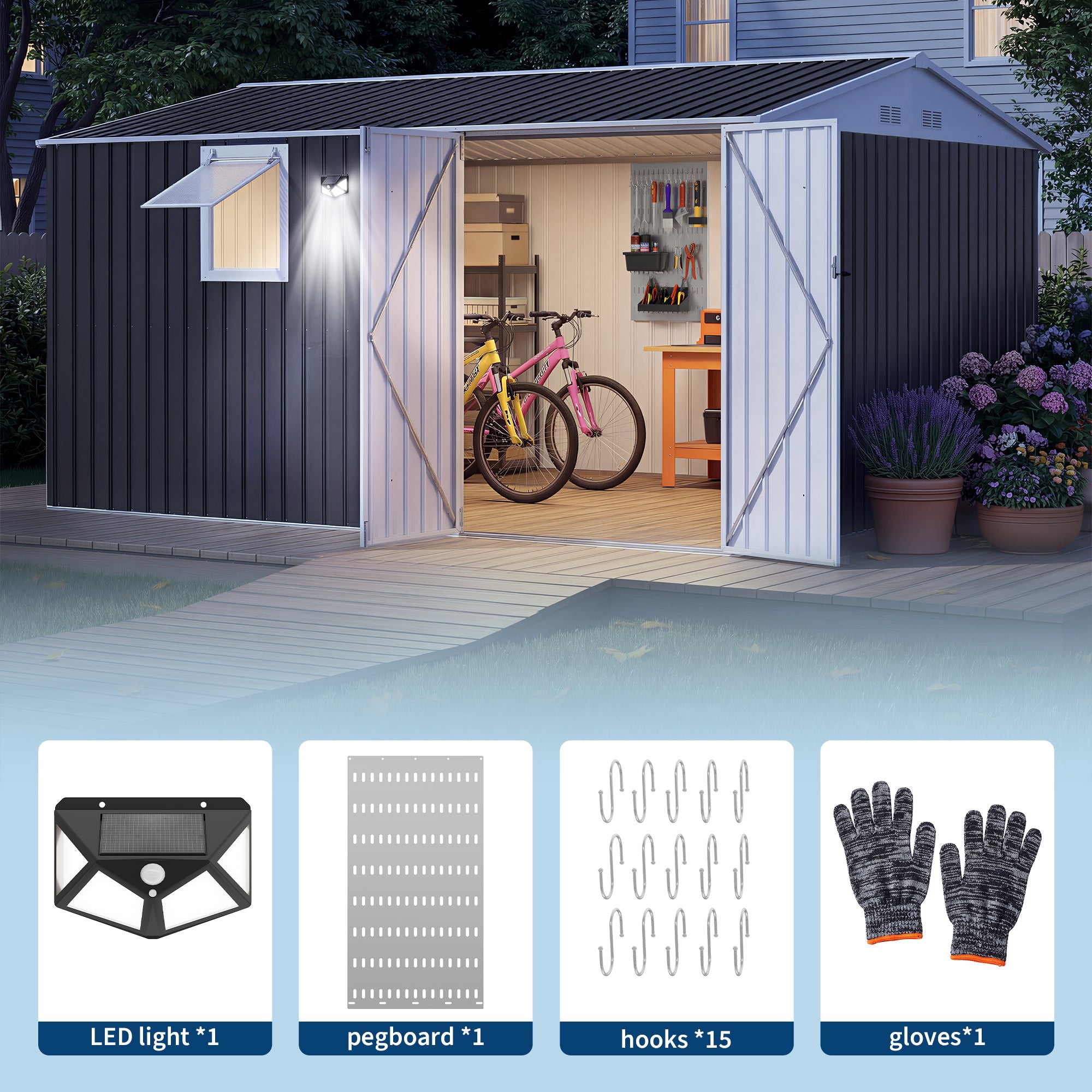 Garvee 10' x 12' Metal Outdoor Storage Shed, Reinforced Galvanized Steel Garden Shed with Lockable Double Doors, Window, Vents, Pegboard & Solar Sensor Light, Weather-Resistant Backyard Storage Unit, Black