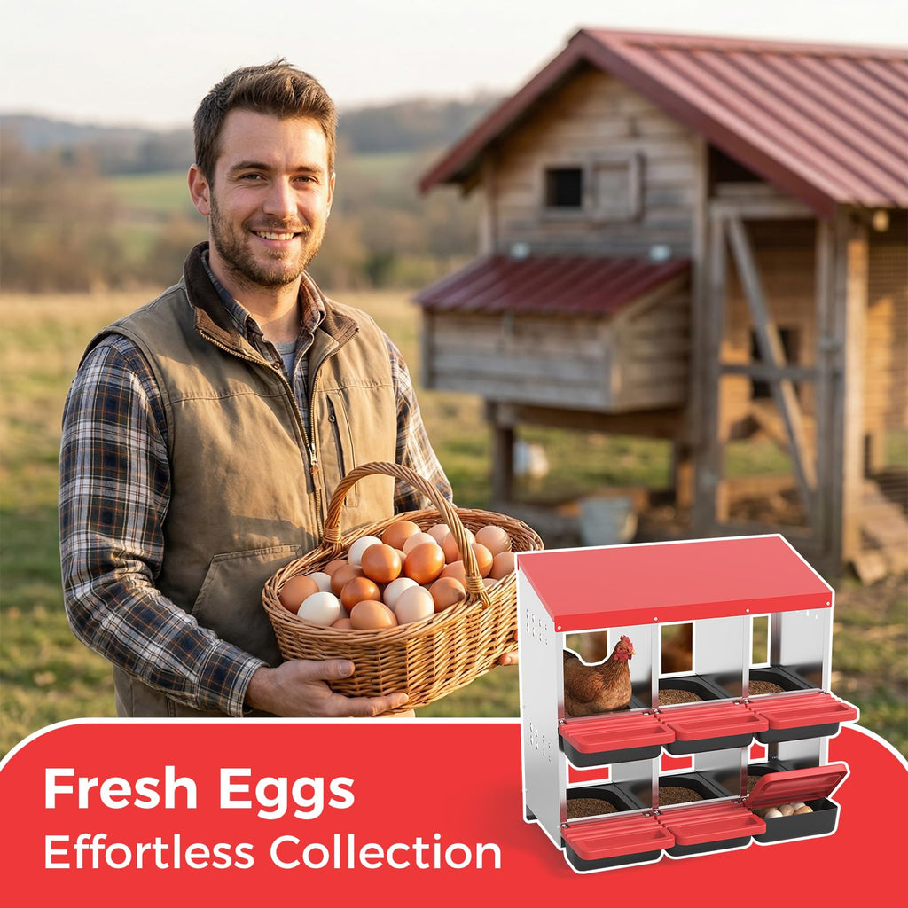 Garvee 6-Hole Metal Chicken Nesting Box, Roll Away Poultry Laying Box with Sloped Anti-Perch Roof, 31.9"x20.5"x31.1", Red