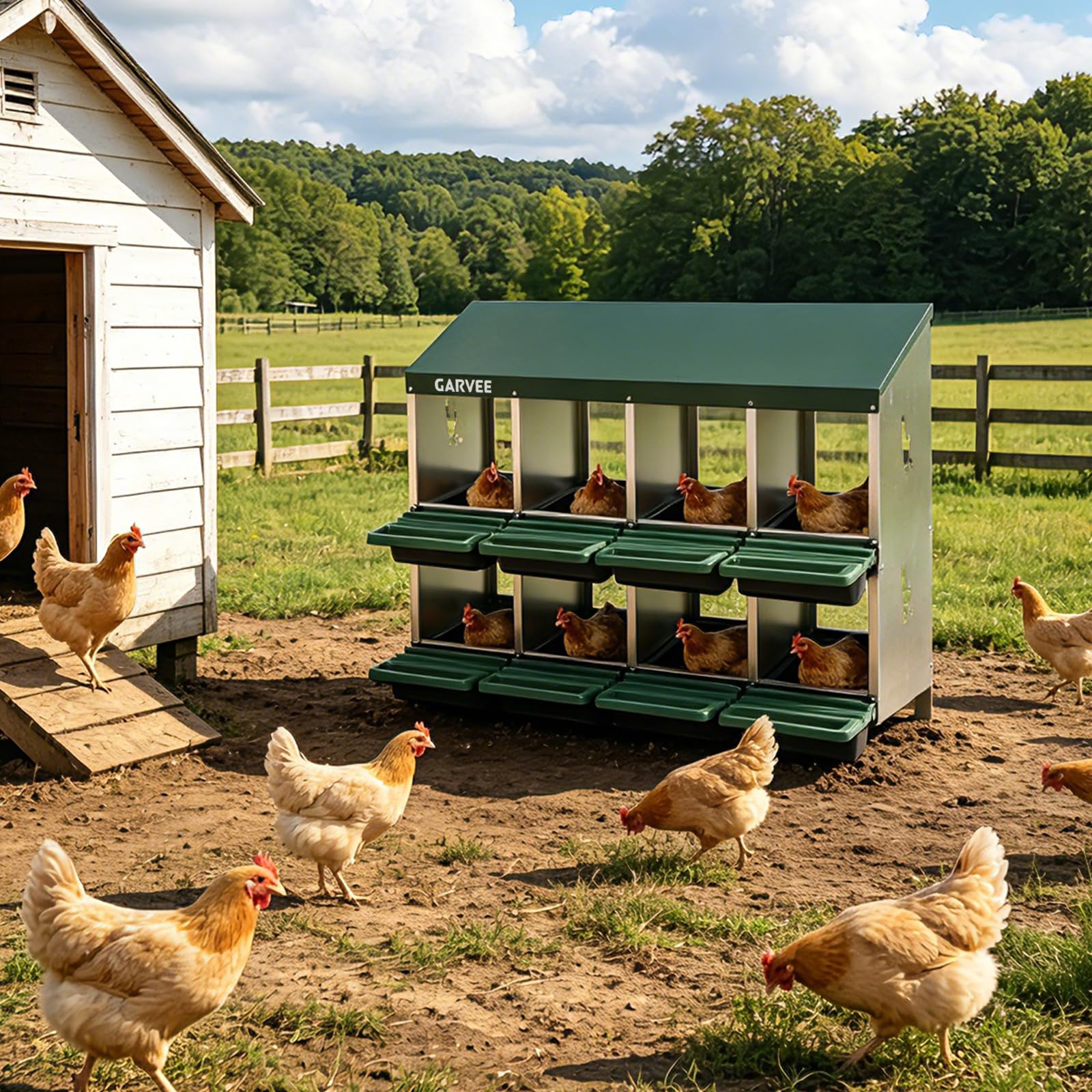 Garvee 8-Compartment Metal Chicken Nesting Box, Roll Away Layering Box with Sloped Anti-Perch Roof, 41.7"x12.8"x30.9", Green