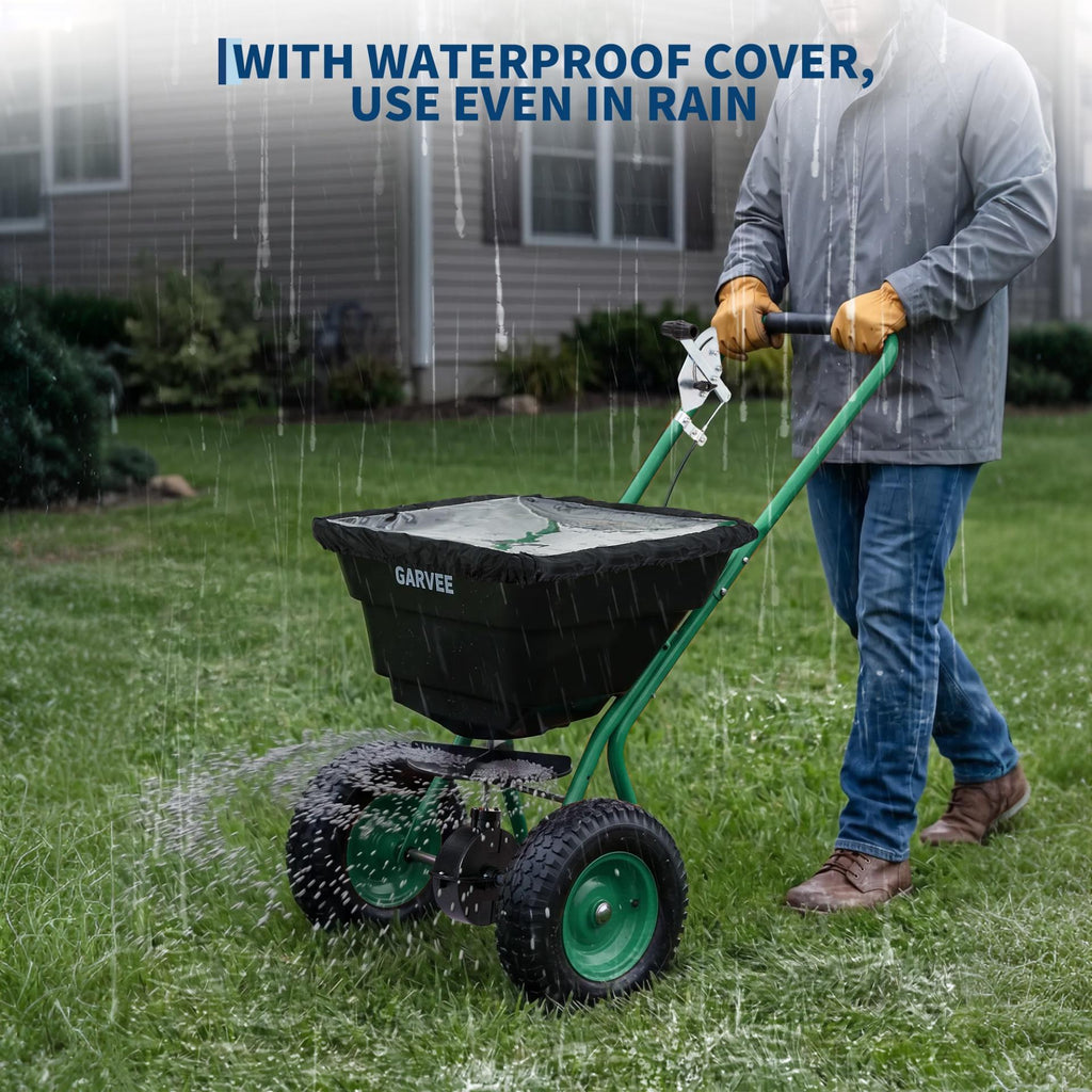 Garvee 80 lb Push Broadcast Spreader with 12' Spread Width, Adjustable Drop Rate, 10" Pneumatic Tires, Rain Cover & Gloves for Seed, Fertilizer, Salt and Ice Melt, Black & Dark Green