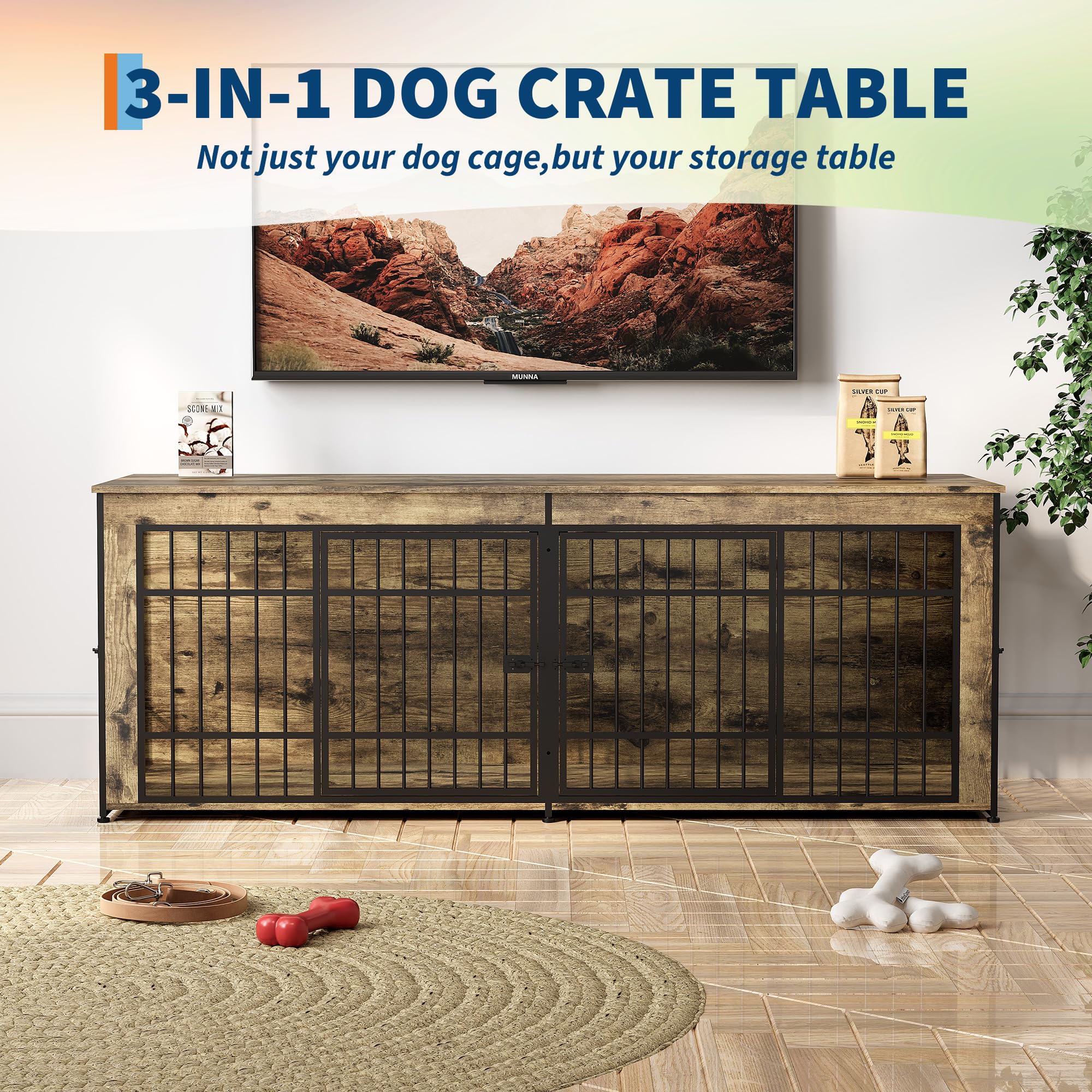 Garvee Heavy Duty Wooden Dog House Furniture – Large Kennel with Divider, 4 Doors, Storage, End Table Design, Adjustable Feet, Vintage Brown, 6.6ft