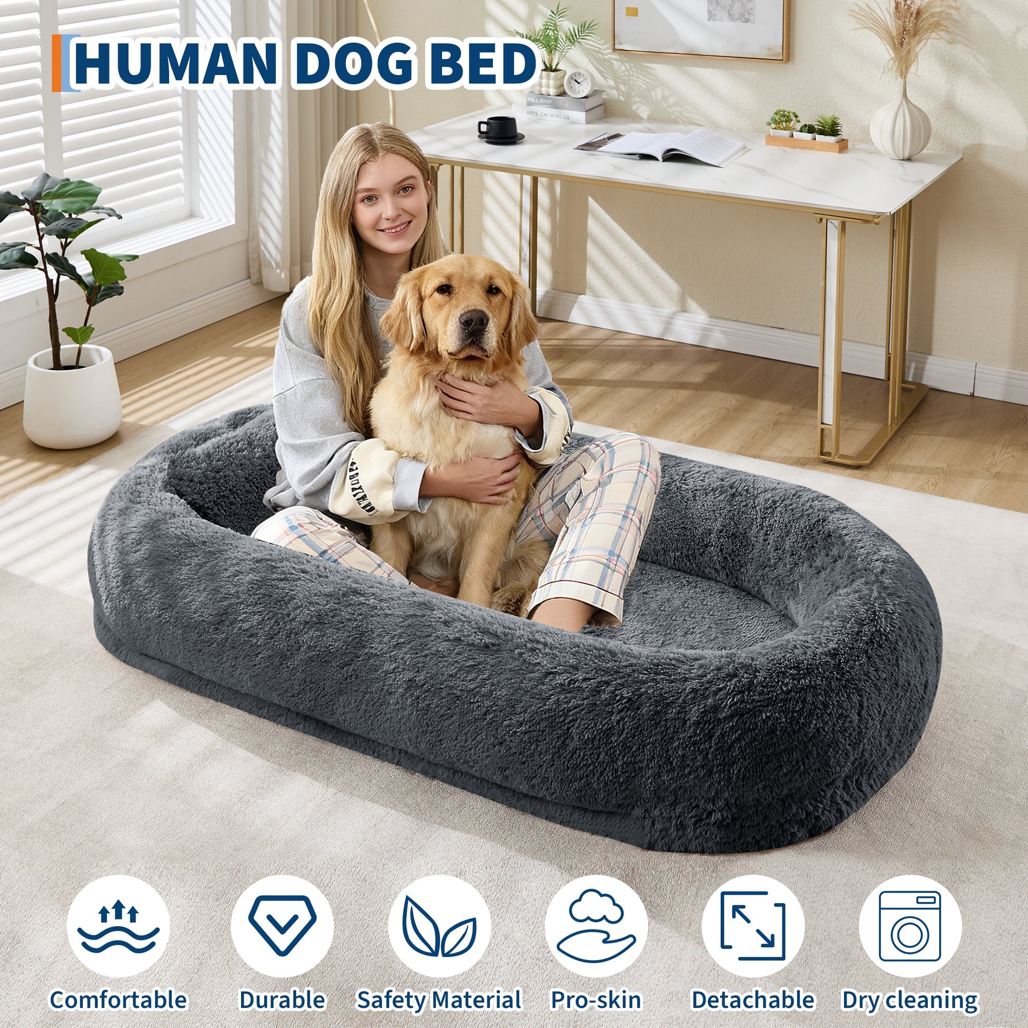 Garvee Orthopedic Soft Faux Fur Human Dog Bed for Adults & Pets – Large 67"x43"x8" Lounger, Plump Pillow, Removable Cover, Handle, Side Pocket, Washable, Bedroom, Office, Deep Blue