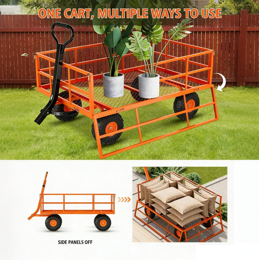 Garvee Garden Cart, 1200 lbs Heavy Duty Steel Utility Wagon with Removable Mesh Sides, 13" Wheels and 180° Pull Handle for Yard, Orange