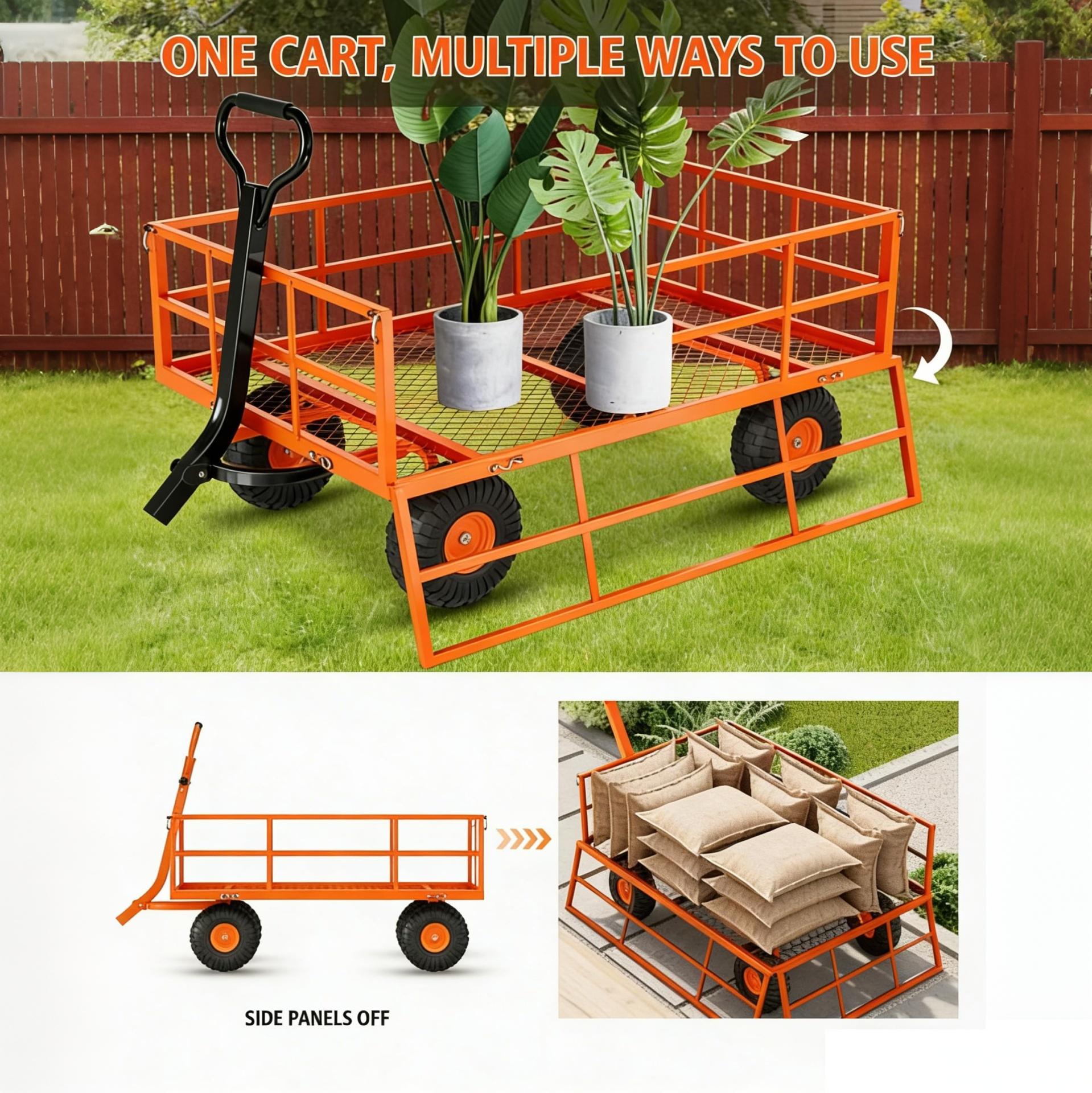 Garvee Garden Cart, 1200 lbs Heavy Duty Steel Utility Wagon with Removable Mesh Sides, 13" Wheels and 180° Pull Handle for Yard, Orange
