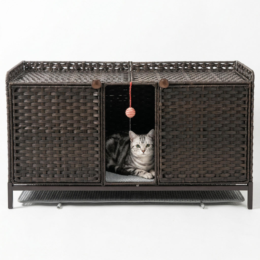 Garvee Handwoven Rattan Cat Litter Box Enclosure - Hidden Cat Washroom Cabinet with Door, Mat & S-Shaped Hooks - Spacious Stylish Cat Furniture for Living Room or Bedroom - Brown