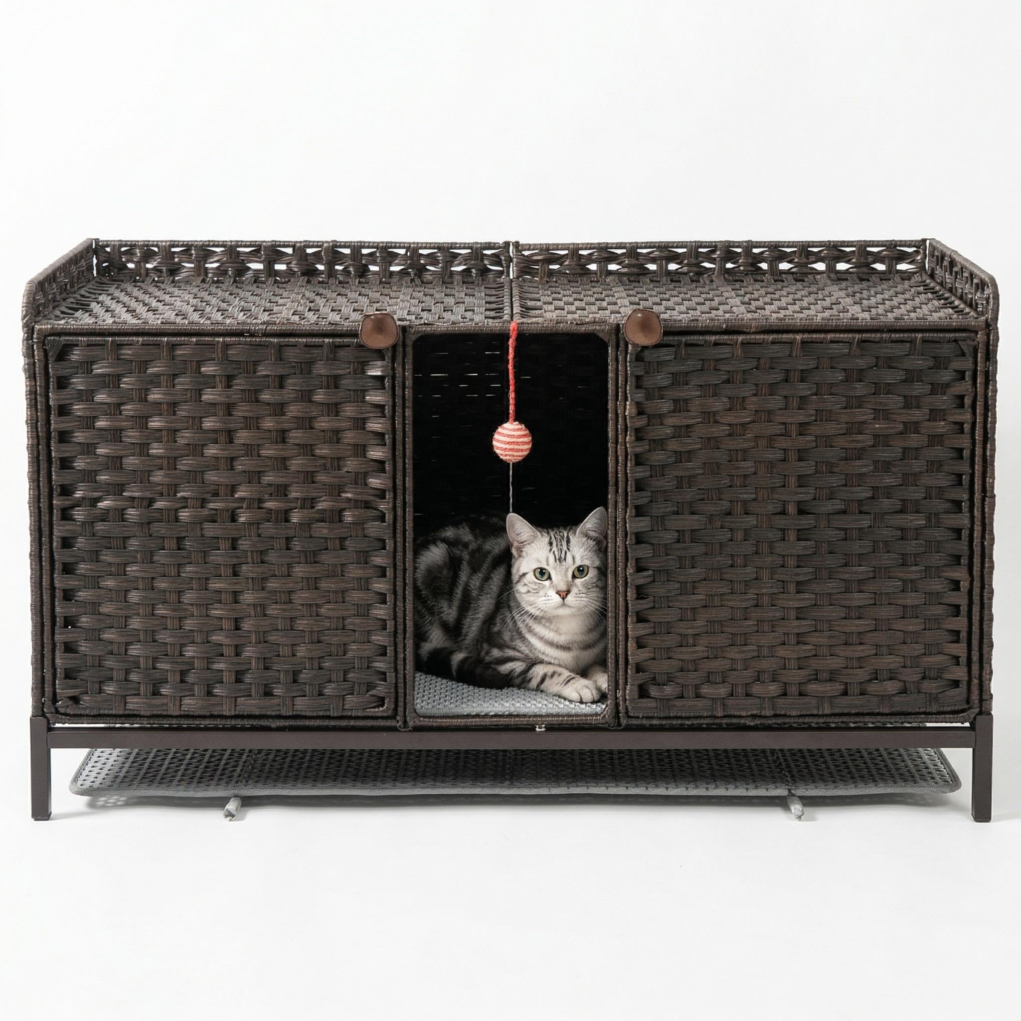 Garvee Handwoven Rattan Cat Litter Box Enclosure - Hidden Cat Washroom Cabinet with Door, Mat & S-Shaped Hooks - Spacious Stylish Cat Furniture for Living Room or Bedroom - Brown