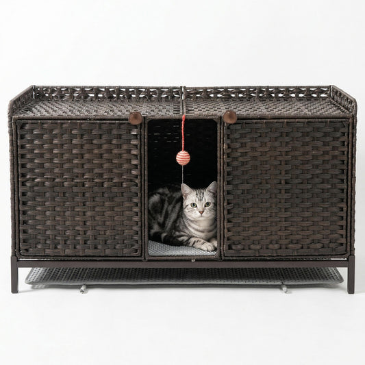 Garvee Handwoven Rattan Cat Litter Box Enclosure - Hidden Cat Washroom Cabinet with Door, Mat & S-Shaped Hooks - Spacious Stylish Cat Furniture for Living Room or Bedroom - Brown