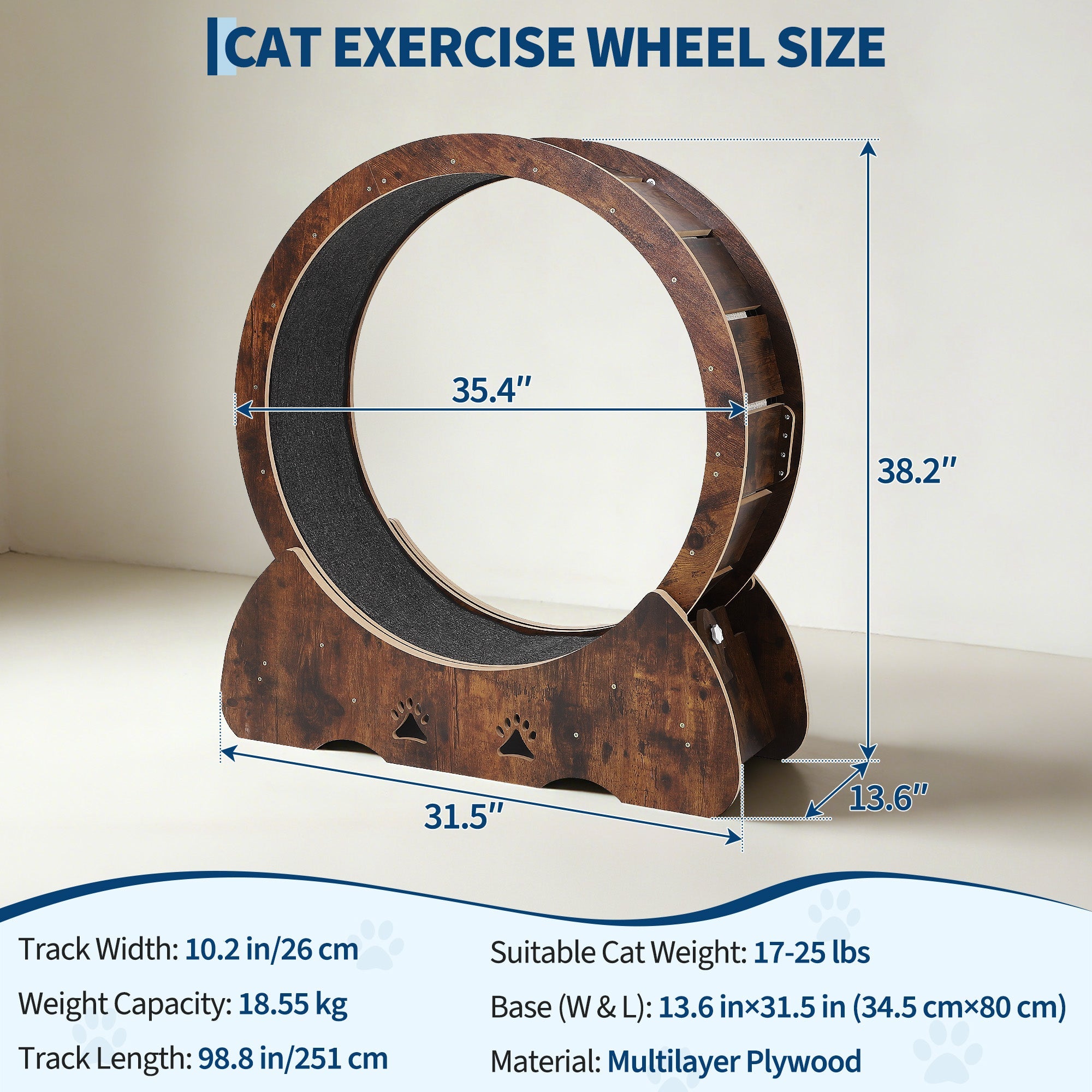 Garvee Low Noise Cat Exercise Wheel – Indoor Wooden Running Treadmill with Removable Carpet Catwalk, Promotes Healthy Activity & Entertainment, Plume Teaser Toy Included – Rust Brown