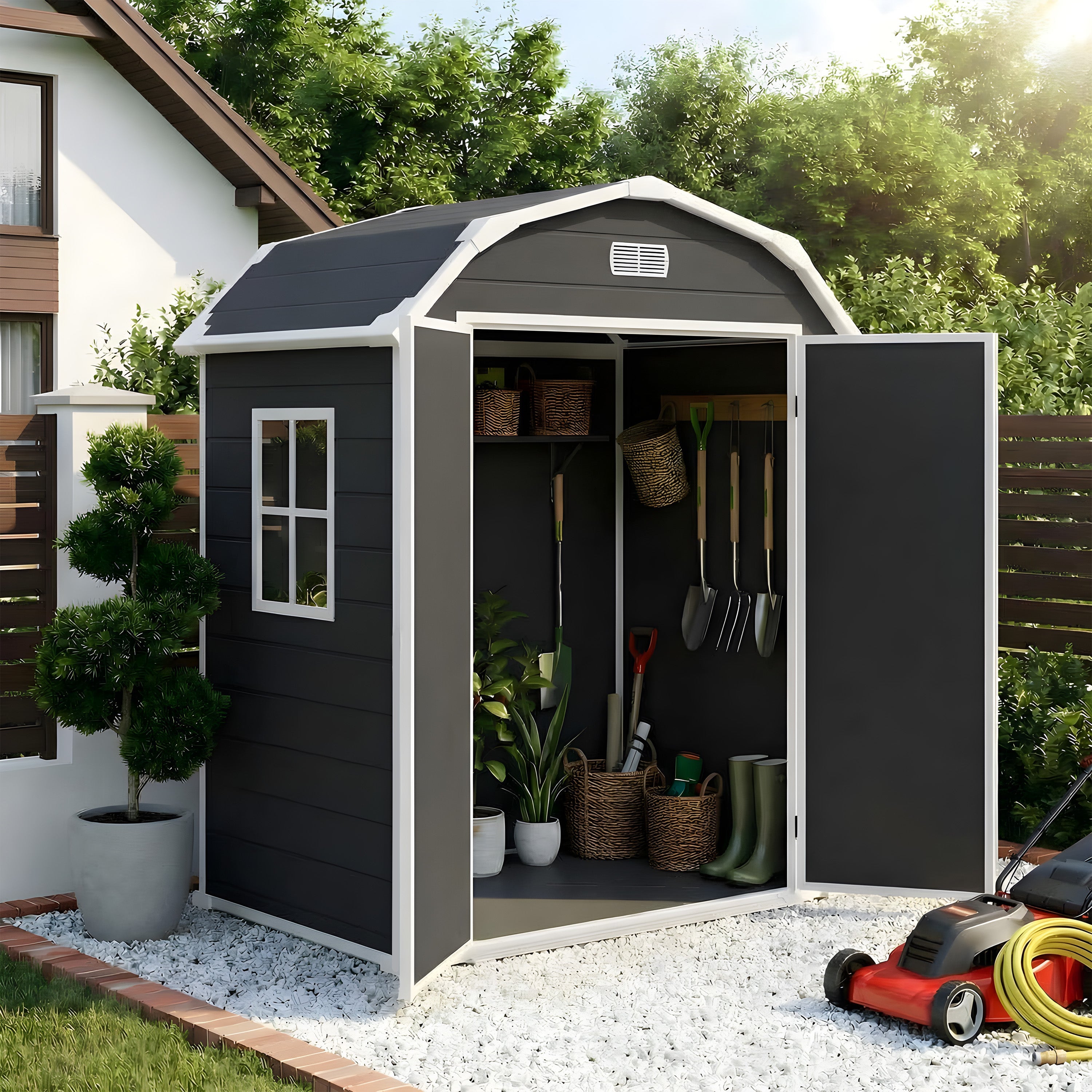 Garvee 6×4.5FT Resin Outdoor Storage Shed, Waterproof Garden Tool Shed with Floor, Window, Vents, Lockable Door & Ramp, UV-Resistant Patio Storage House for Backyard, Black