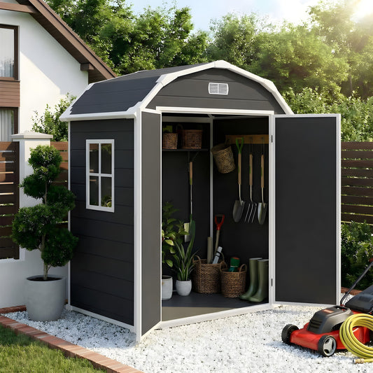 Garvee 6×4.5FT Resin Outdoor Storage Shed, Waterproof Garden Tool Shed with Floor, Window, Vents, Lockable Door & Ramp, UV-Resistant Patio Storage House for Backyard, Black