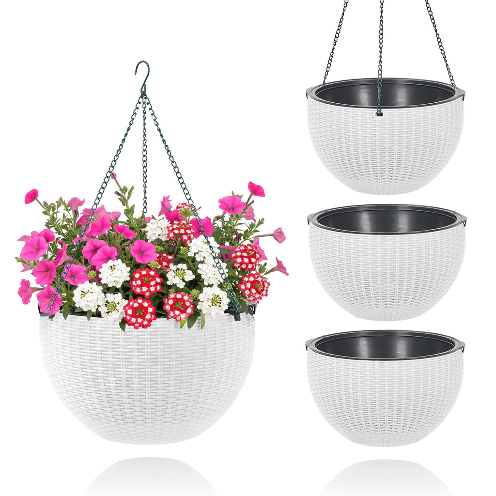 Garvee Self-Watering Hanging Planters for Indoor & Outdoor Plants, 4-Pack 13.8 in Resin Baskets with Rattan Look, Drainage Plugs and Triple-Chain Hangers