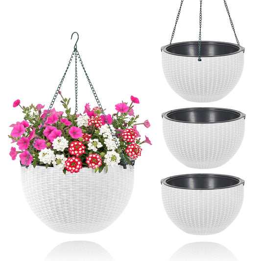 Garvee Self-Watering Hanging Planters for Indoor & Outdoor Plants, 4-Pack 13.8 in Resin Baskets with Rattan Look, Drainage Plugs and Triple-Chain Hangers