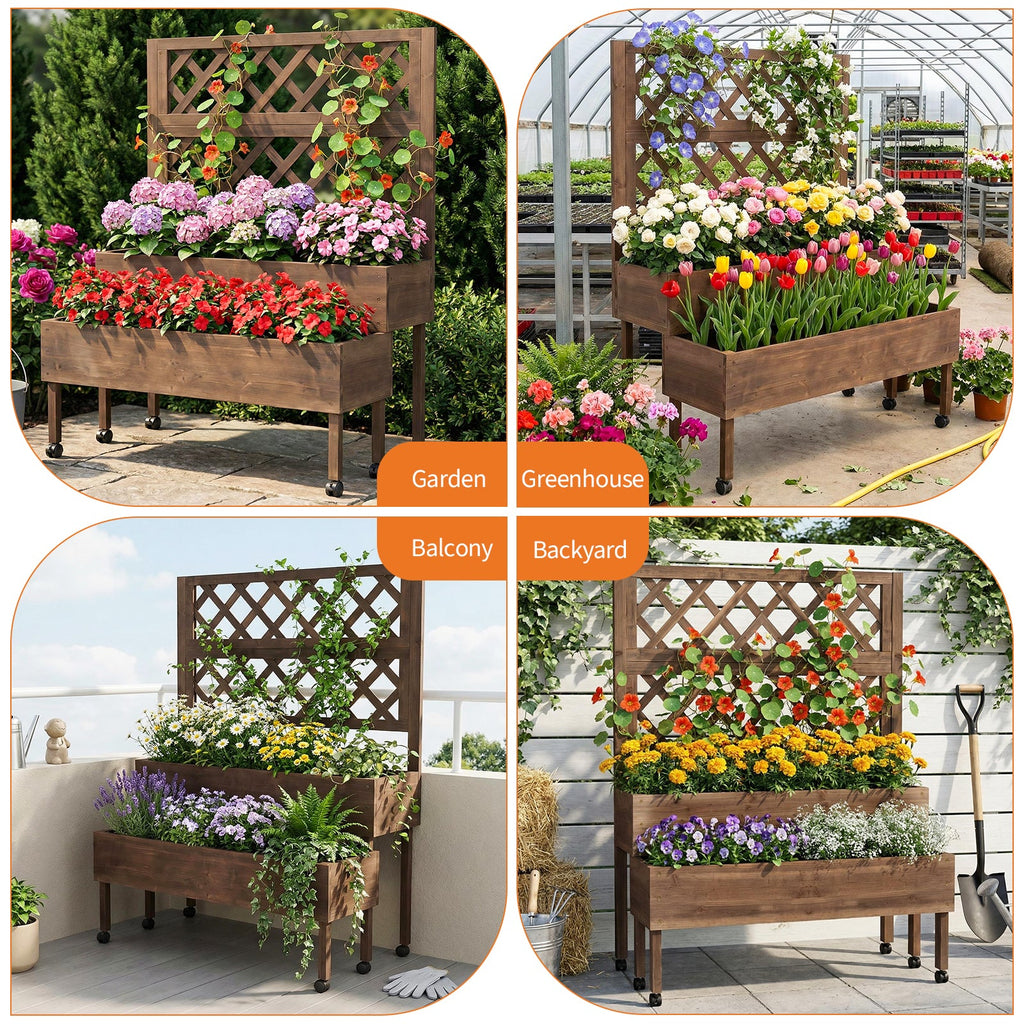 Garvee Raised Garden Bed with Trellis, 2-Tier Brown Wooden Planter on Wheels with Legs and Drainage Holes for Patio, Balcony and Backyard Gardening
