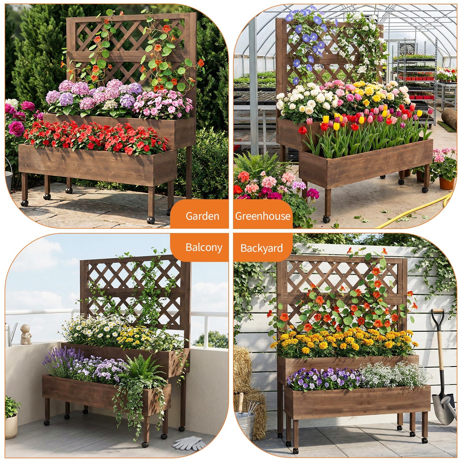Garvee Raised Garden Bed with Trellis, 2-Tier Brown Wooden Planter on Wheels with Legs and Drainage Holes for Patio, Balcony and Backyard Gardening