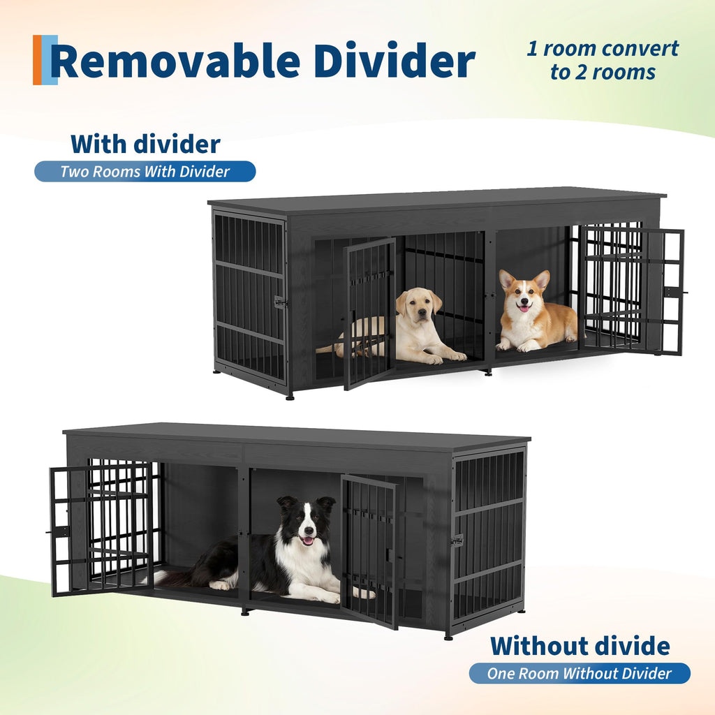 Garvee Double Dog Crate Furniture with Divider – Heavy Duty Wooden Dog House TV Stand – 3-in-1 Indoor Kennel End Table for Medium and Large Dogs – Adjustable Feet, Easy Assembly – Gray