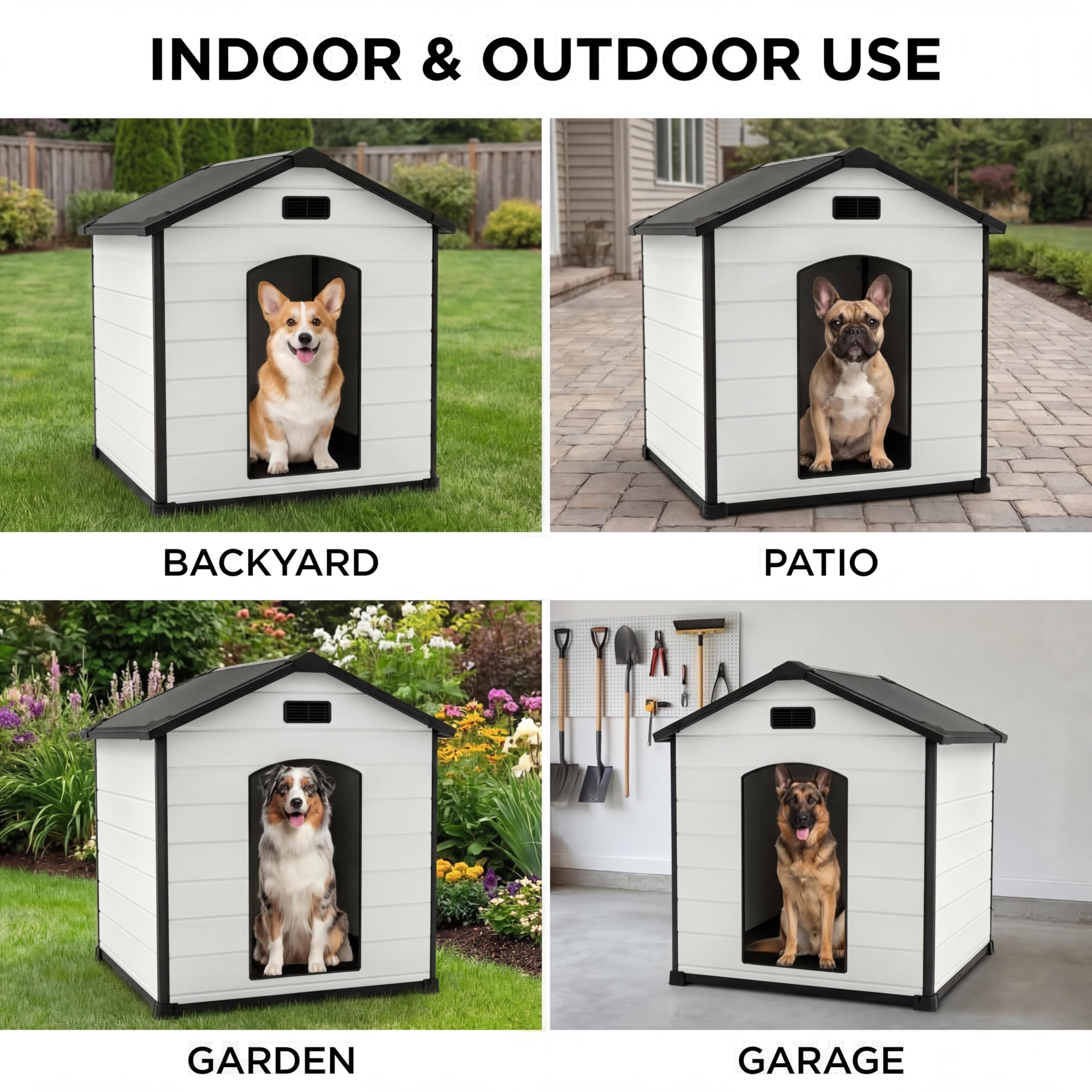 Garvee XLarge Dog House Indoor Outdoor Waterproof, 57" Heavy Duty Plastic Large Breed Dog Kennel with Raised Floor, Removable Roof & Air Vent for Small to XL Dogs, Easy Assembly