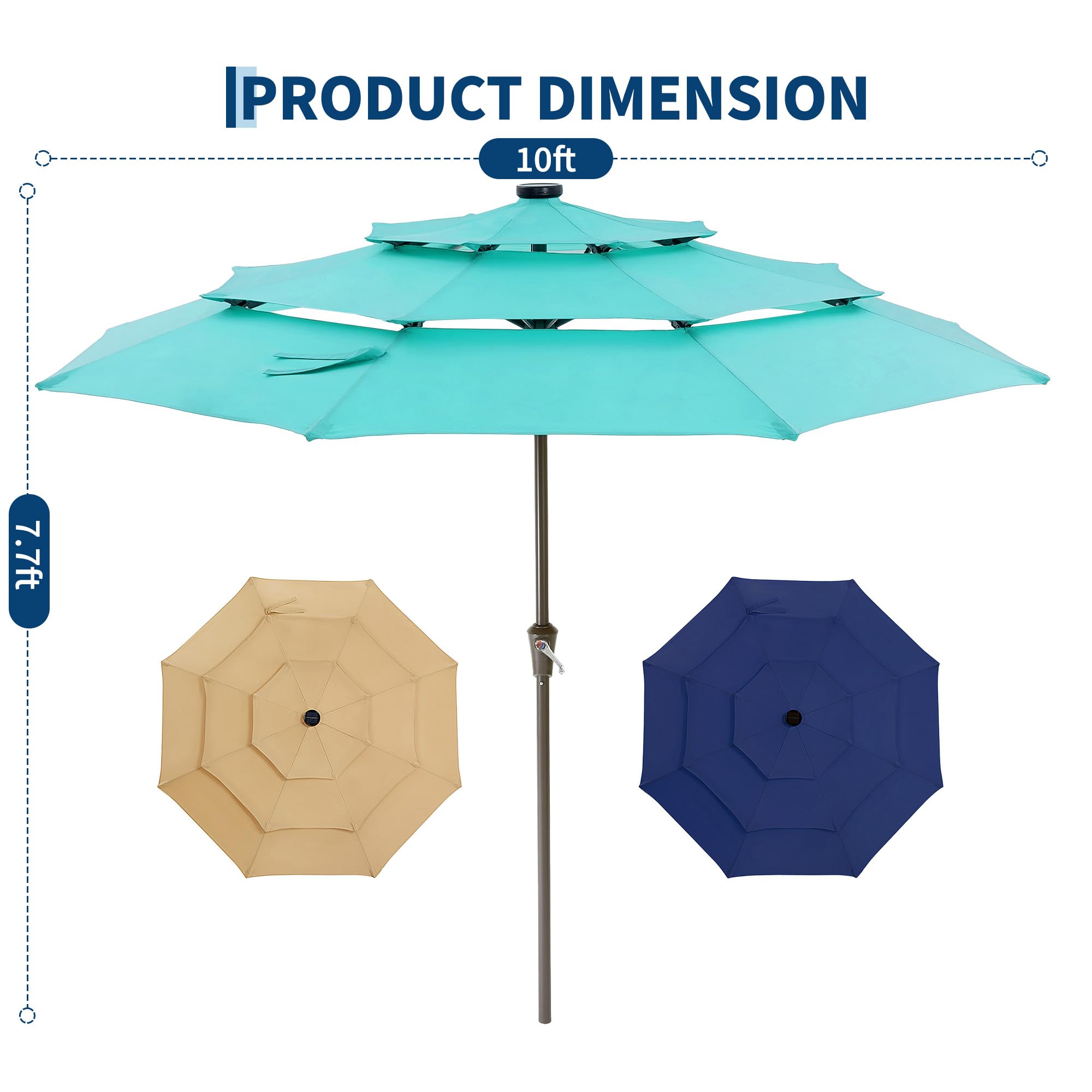 Garvee All-Weather 10ft 3-Tier Patio Umbrella with 24 LED Solar Lights – Vented Top, Easy Crank Tilt, 8 Reinforced Ribs, Outdoor Market Sunshade for Deck, Pool, or Garden – Turquoise Blue