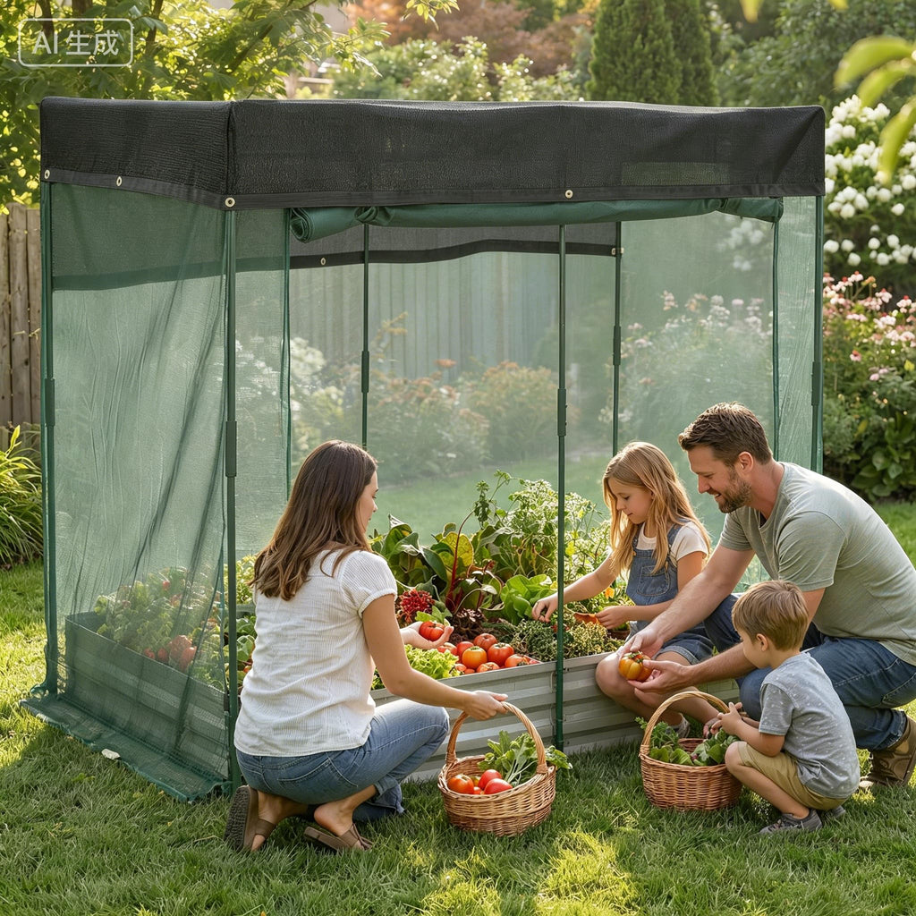 Garvee Self-Watering Raised Garden Bed for Vegetables & Herbs, 6 x 3 x 1 FT Galvanized Metal Planter with Mesh Bug Net, Shade Cloth and Bottomless Design, Light Beige