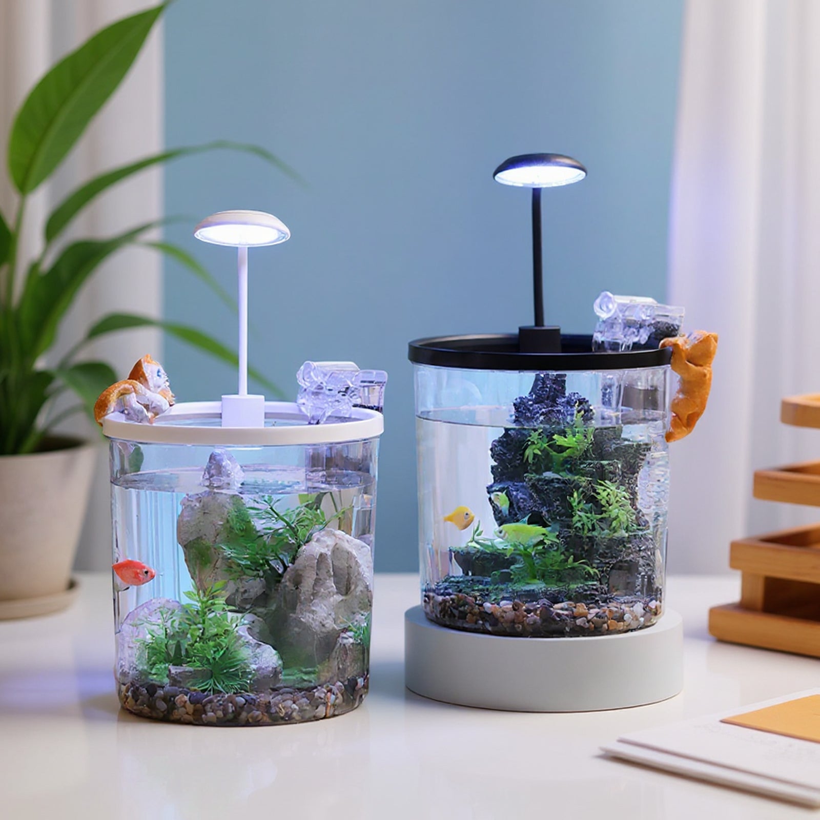Garvee Mini Desktop Fish Tank Kit – 1.5/2.3/2.5 Gallon Plastic Aquarium Starter Set with Silent Filter, LED Light & Oxygen Generator – Ideal Betta & Goldfish Tank for Home/Office – Black (Round Desktop Landscape Tank Deluxe Edition)