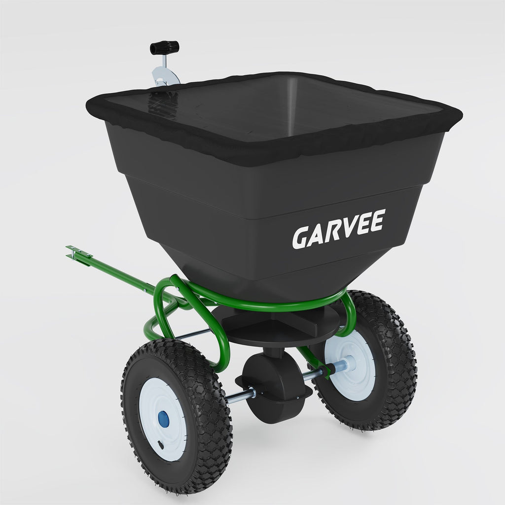 Garvee Tow-Behind Broadcast Spreader, 110 lbs Capacity with 10-Inch Pneumatic Tires, Universal Hitch and Feeder Cover for Seed, Fertilizer and Salt, Green