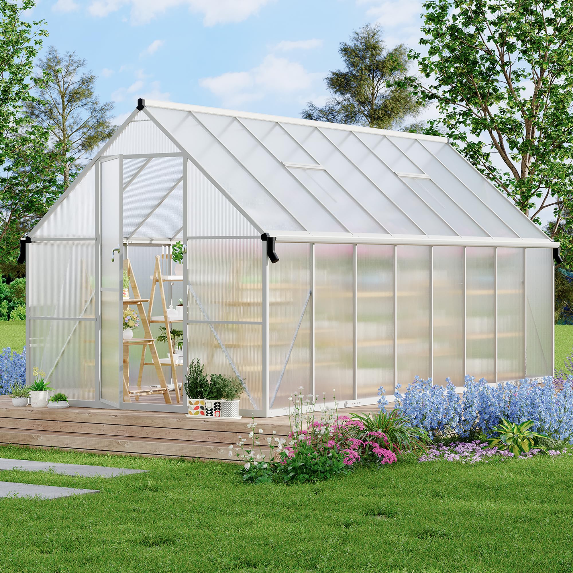 Garvee Heavy Duty 8x16FT Polycarbonate Greenhouse with Aluminum Frame – Double Swing Doors, Roof Vent, Rain Gutter, Quick Setup – Large Walk-In Outdoor Gardening Tent, Silver