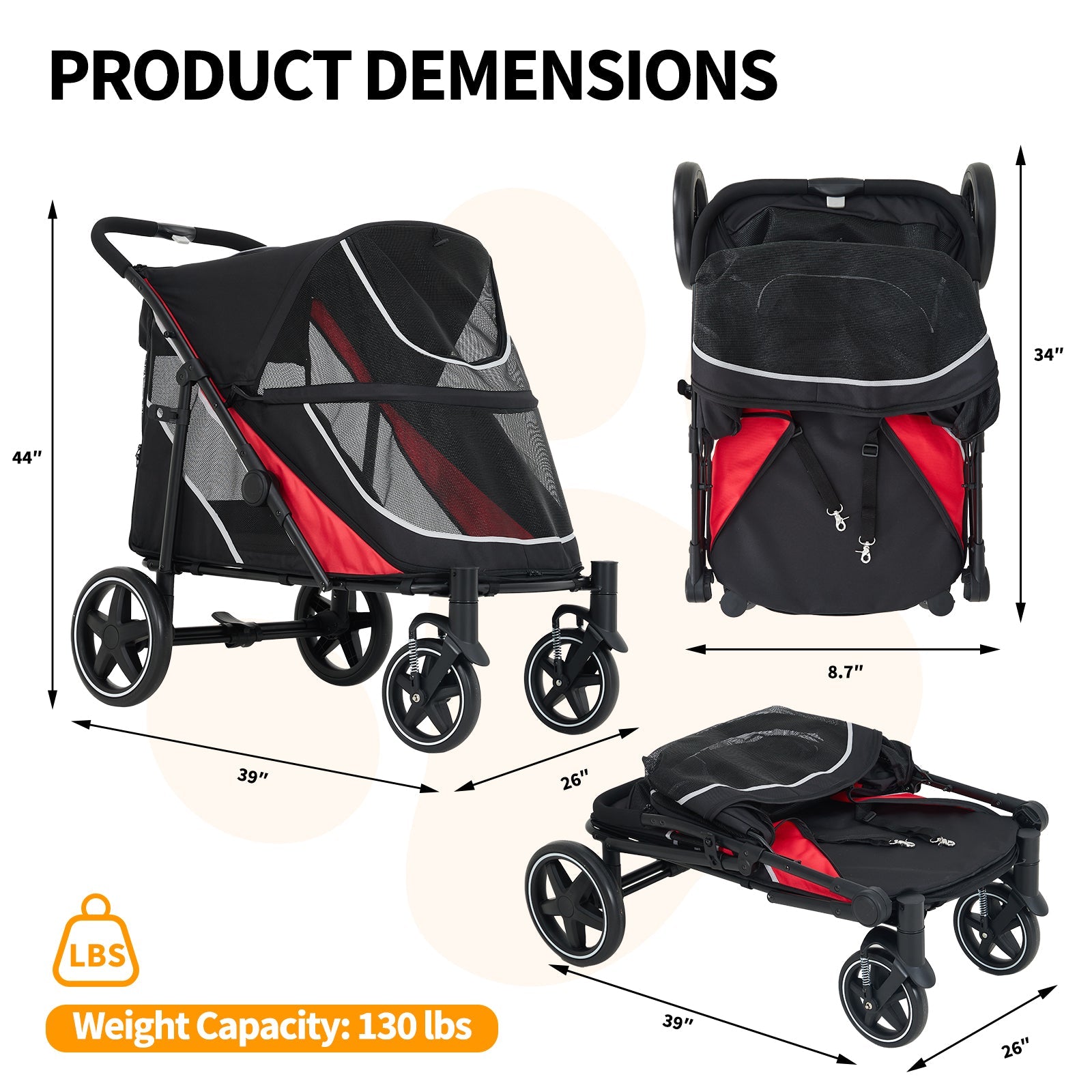 Garvee Large Dog Stroller for Large Dogs 88 lbs, One-Step Fold Pet Stroller with 11" All-Terrain Wheels, 360° Rotatable Front Wheels & Brakes, Heavy Duty, Dual Entry Doors for Senior Dogs, Red