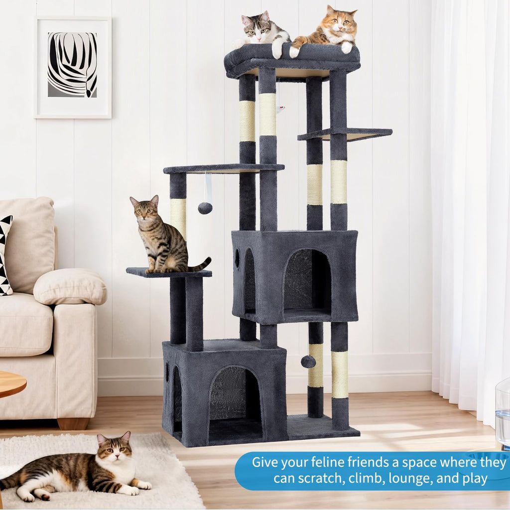 Garvee 61" Multi-Level Cat Tree for Indoor Cats, Heavy-Duty Tower for Large Adult & Maine Coon Cats with Oversized Perch, Dual Condos, Natural Sisal Scratching Posts & Play Toys – Dark Gray