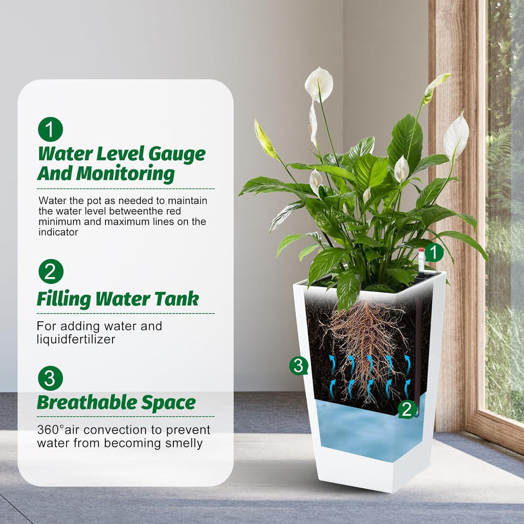Garvee Self-Watering Tall Planters, Set of 4, 16 in White Plastic Flower Pots with Water Level Gauge, Inner Bucket & Drainage for Indoor Outdoor Patio, Porch and Balcony