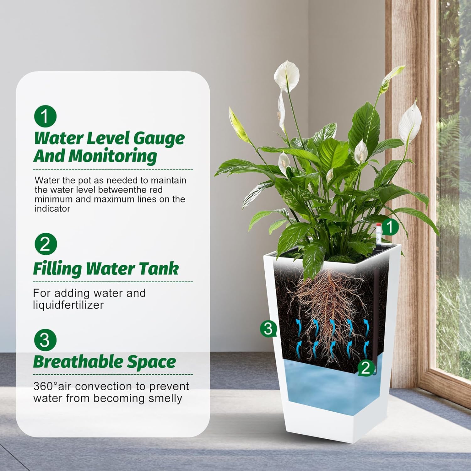 Garvee Self-Watering Tall Planters, Set of 4, 16 in White Plastic Flower Pots with Water Level Gauge, Inner Bucket & Drainage for Indoor Outdoor Patio, Porch and Balcony