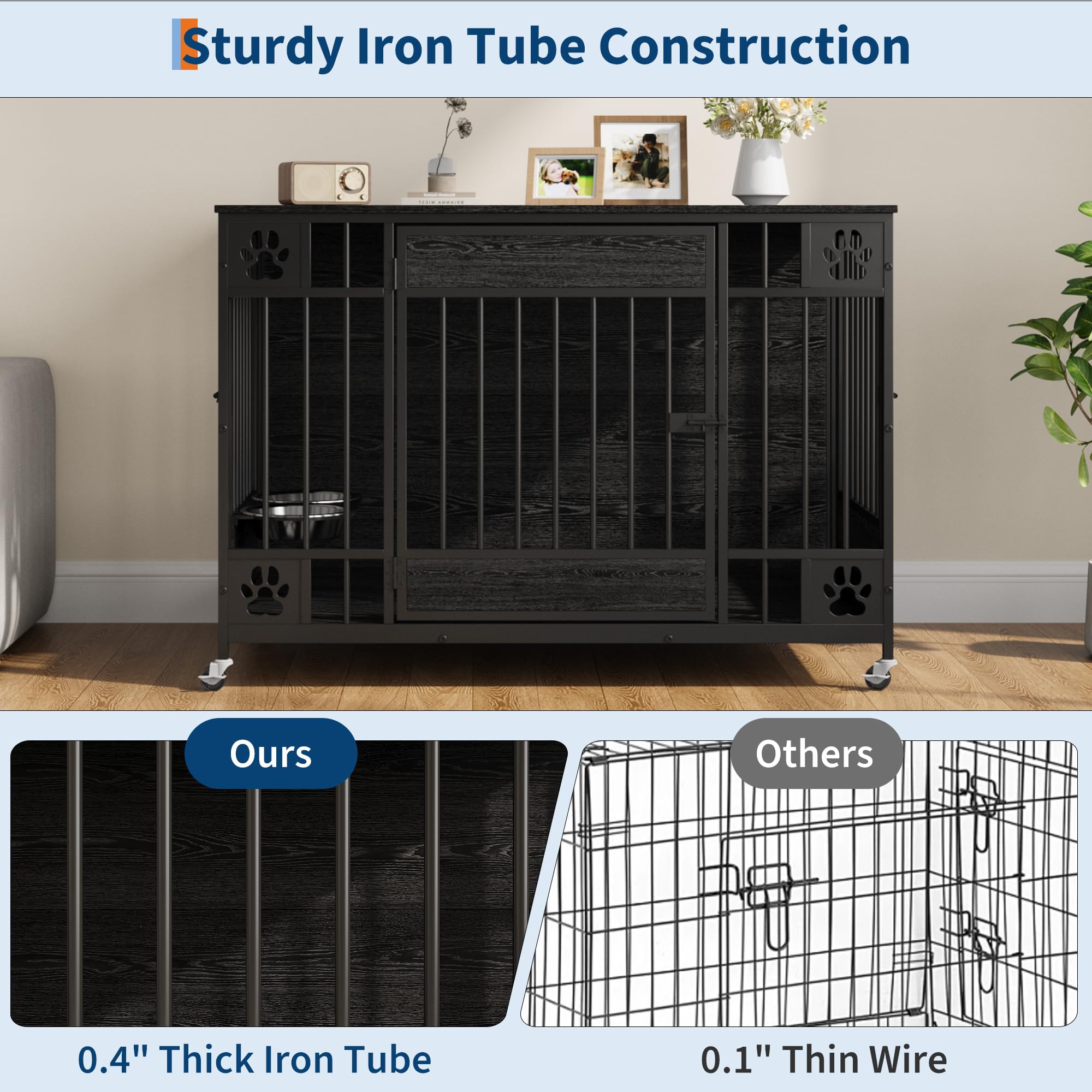 Garvee Modern Triple Door Dog Crate Furniture – 41" Decorative Wooden Kennel for Medium & Small Dogs – Stylish Indoor Pet Cage – Black Relief