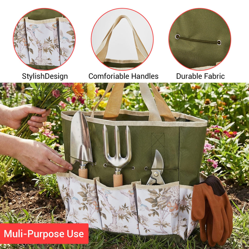 Garvee 10-Piece Garden Tool Set, Heavy Duty Stainless Steel Hand Tools with Wooden Handles, Includes Pruning Shears, Gloves, Tote Bag & Repotting Mat – Gardening Kit for Planting, Weeding & Gift Use