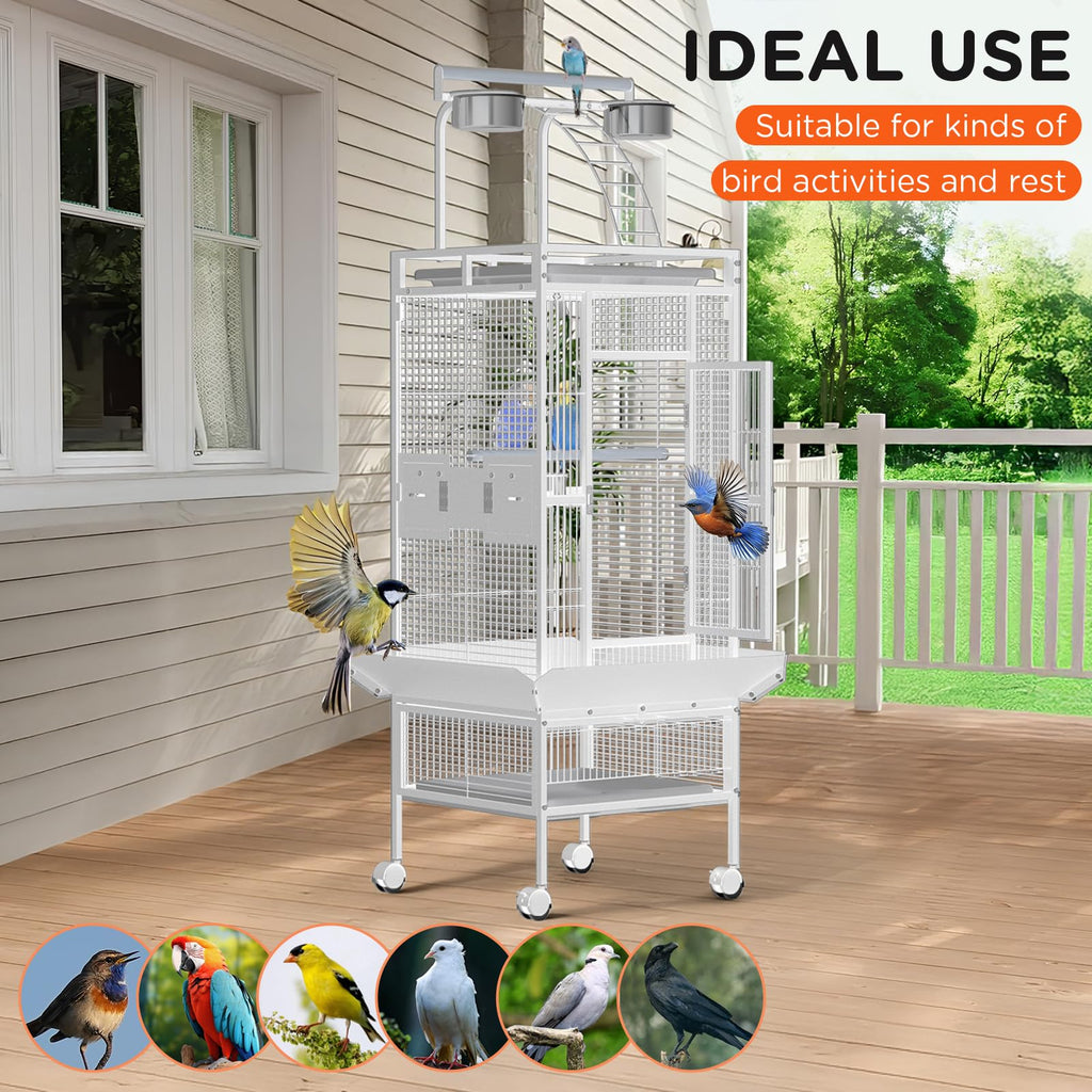 Garvee 60 Inch Wrought Iron Bird Cage with Play Top & Rolling Stand - 4 Stainless Steel Bowls, Secure Lock, Easy-Clean Tray - Spacious Metal Parrot Cage for African Grey, Cockatiel, Conure, Budgie, Lovebird - White