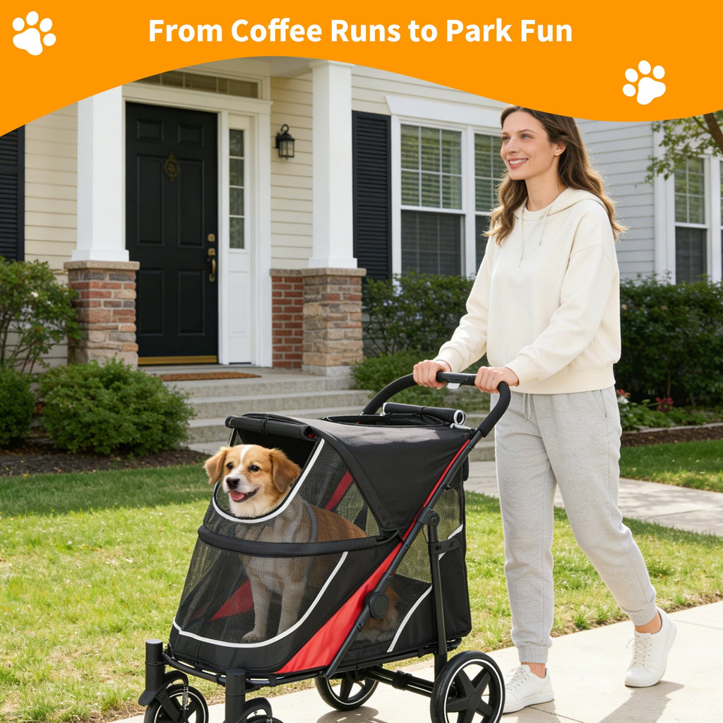 Garvee Large Dog Stroller for Large Dogs 88 lbs, One-Step Fold Pet Stroller with 11" All-Terrain Wheels, 360° Rotatable Front Wheels & Brakes, Heavy Duty, Dual Entry Doors for Senior Dogs, Red