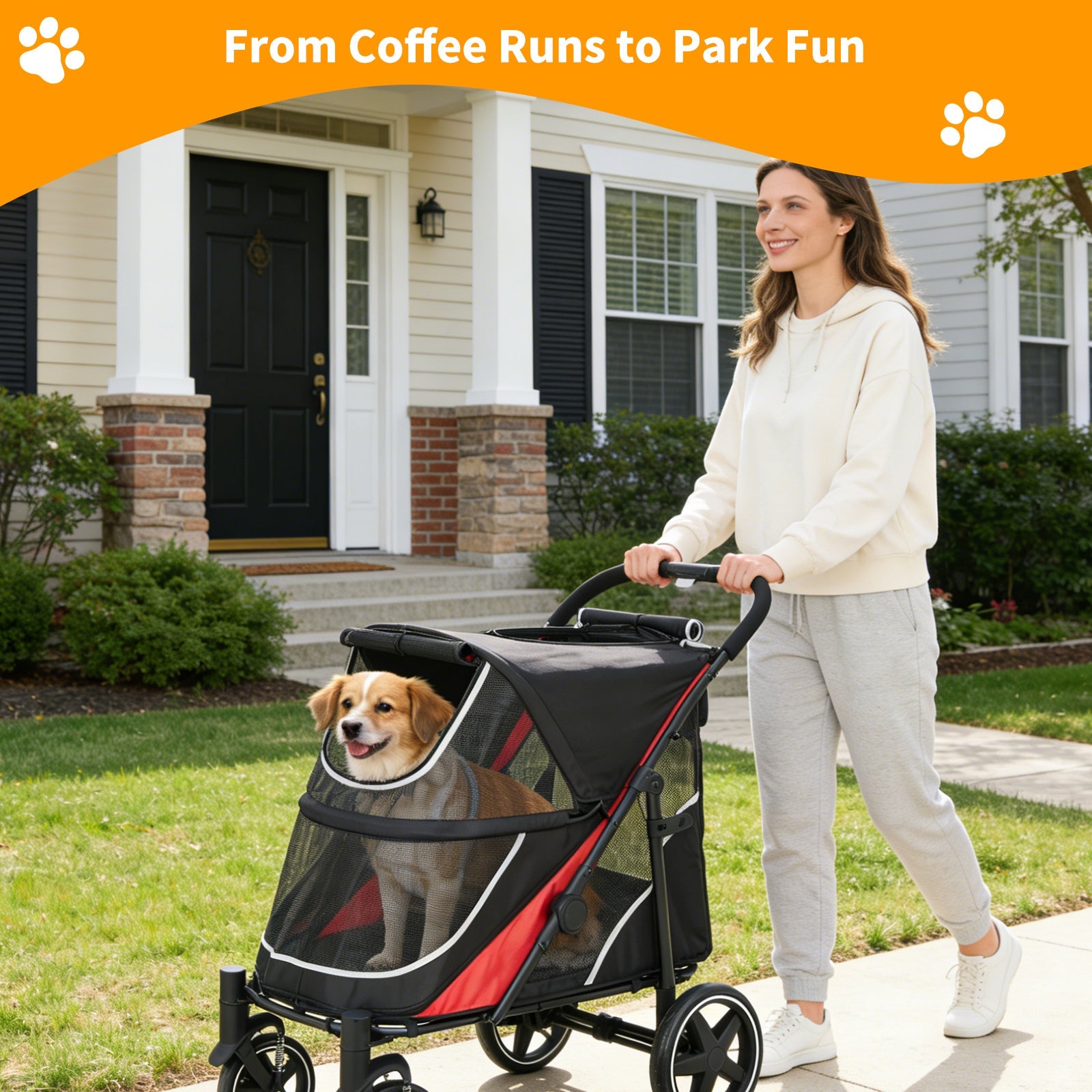 Garvee Large Dog Stroller for Large Dogs 88 lbs, One-Step Fold Pet Stroller with 11" All-Terrain Wheels, 360° Rotatable Front Wheels & Brakes, Heavy Duty, Dual Entry Doors for Senior Dogs, Red
