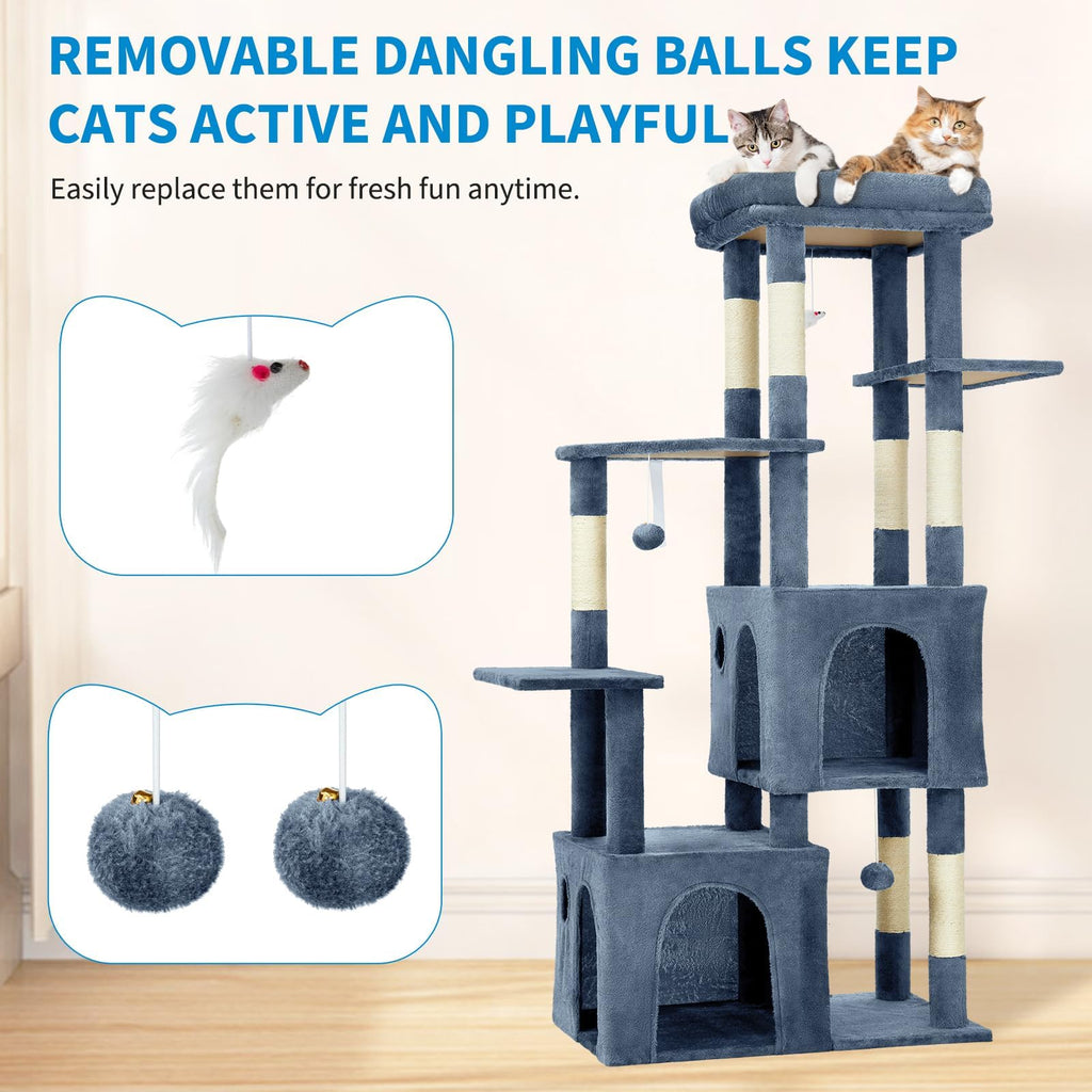 Garvee 61" Multi-Level Cat Tree for Indoor Cats, Heavy-Duty Tower for Large Adult & Maine Coon Cats with Oversized Perch, Dual Condos, Natural Sisal Scratching Posts & Play Toys – Light Blue