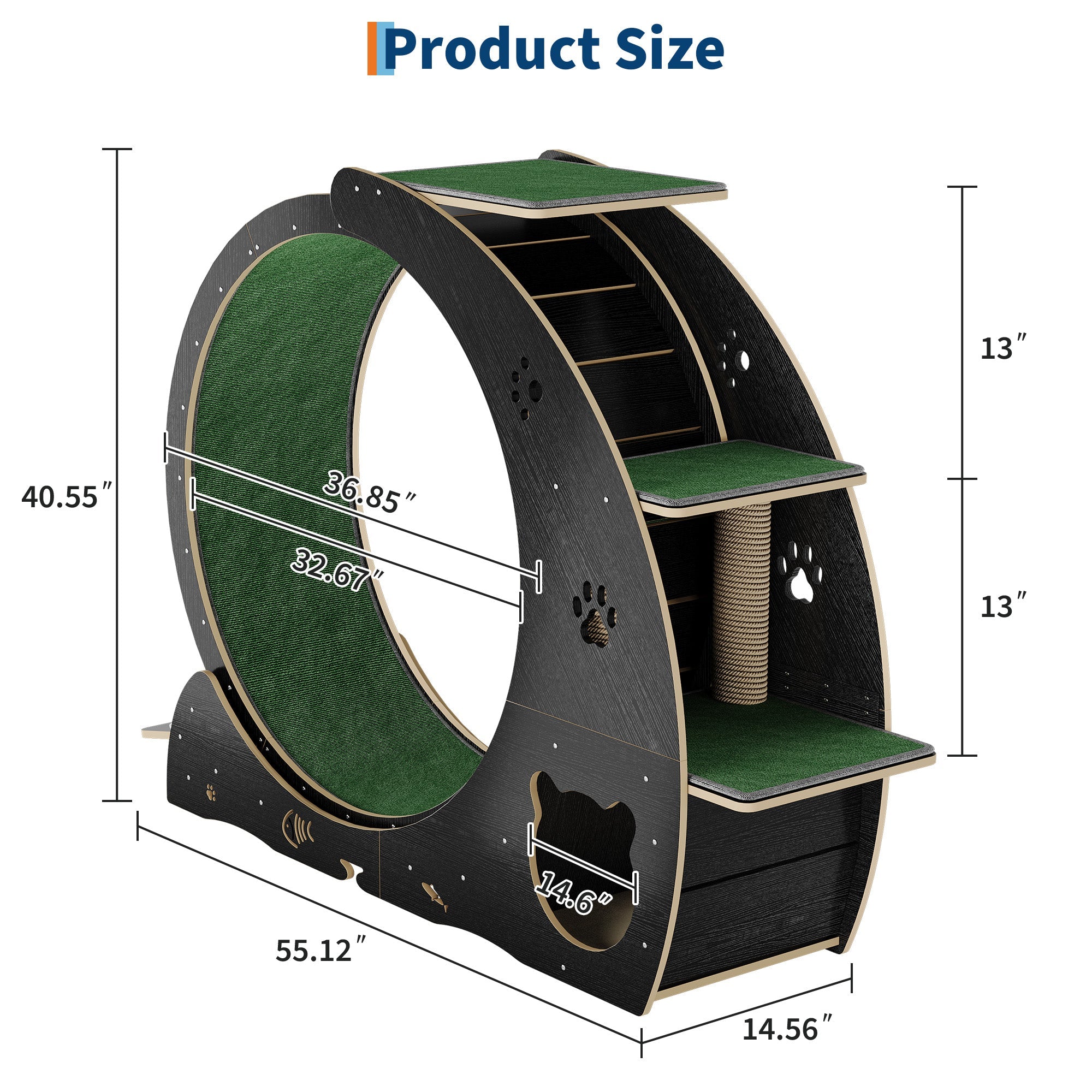 Garvee Large Cat Exercise Wheel for Indoor Cats - 3-Tier Climbing Tower & Grazeing Post - Silent Treadmill for Training, Exercise & Obesity Prevention - Black