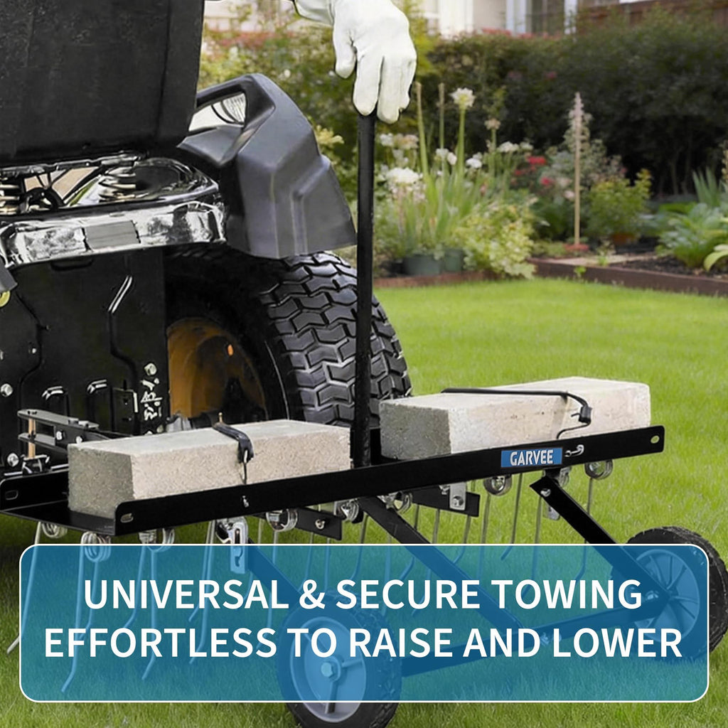 Garvee 40-Inch Heavy Duty Tow-Behind Lawn Dethatcher Rake for ATV/Mower - 20 Steel Tines, Lift Handle - Metal Frame, Weight Tray - Garden & Farm Use
