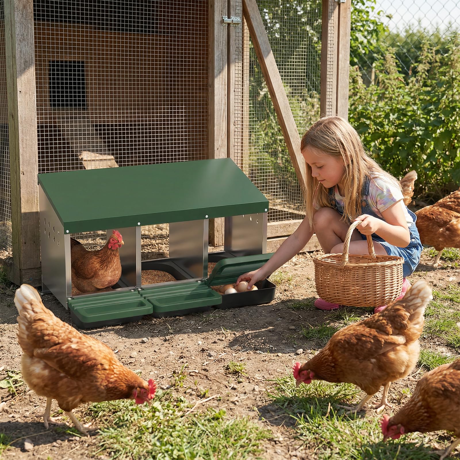 Garvee 3-Hole Metal Chicken Nesting Box, Roll Away Poultry Laying Box with Sloped Roof, 31.5"x20.5"x16.9", Green