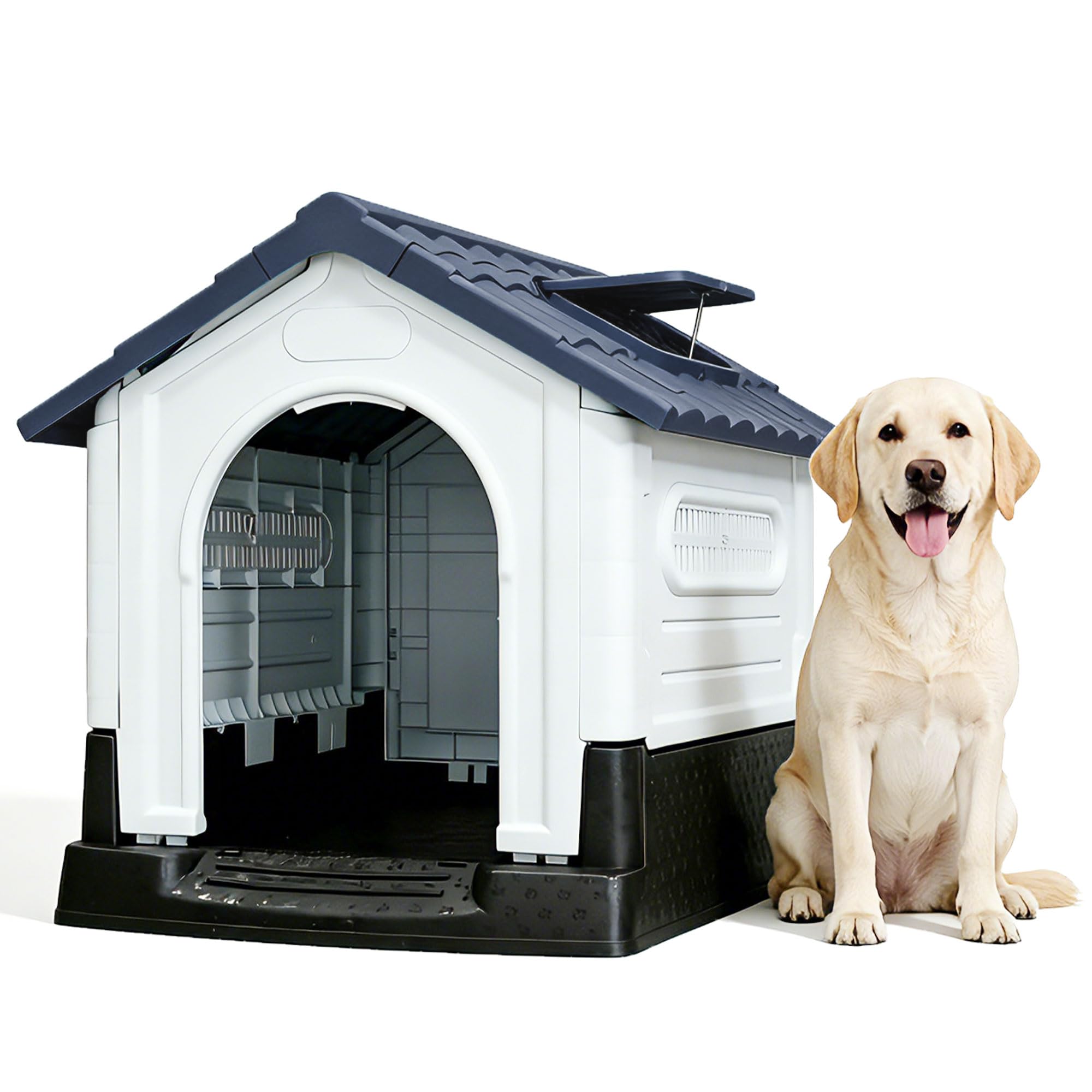 Garvee Large Dog House Outdoor with Air Vents and Elevated Floor for Medium Large Dogs, Plastic Waterproof Doghouse Sloping Roof, Easy Clean and Assemble, Gray