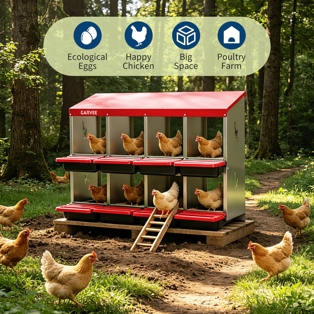 Garvee 8-Compartment Metal Chicken Nesting Box, Roll Away Poultry Laying Box with Sloped Anti-Perch Roof, 41.7"x12.8"x30.9", Red