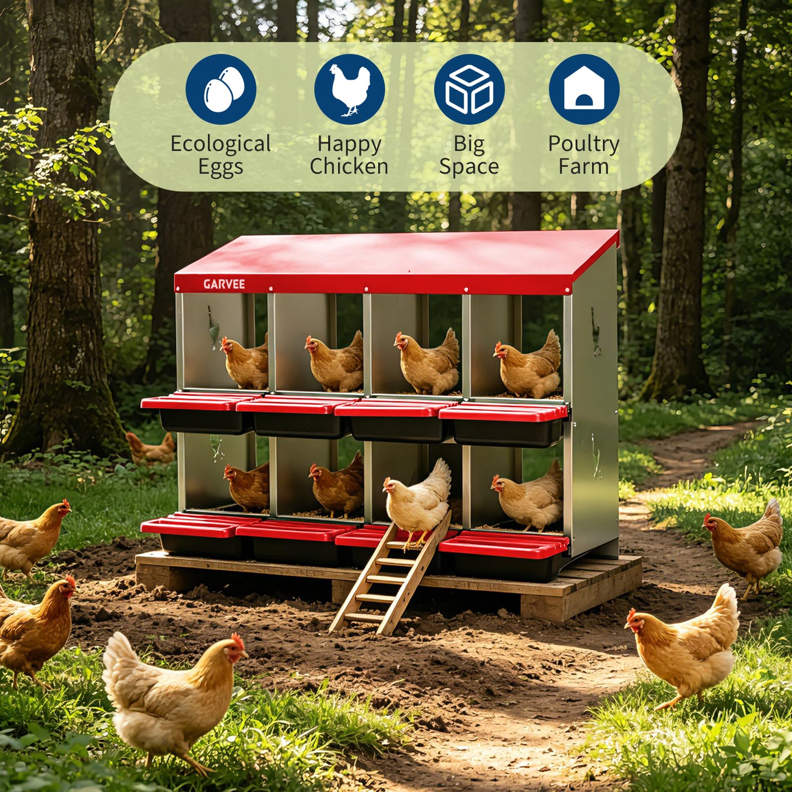 Garvee 8-Compartment Metal Chicken Nesting Box, Roll Away Poultry Laying Box with Sloped Anti-Perch Roof, 41.7"x12.8"x30.9", Red