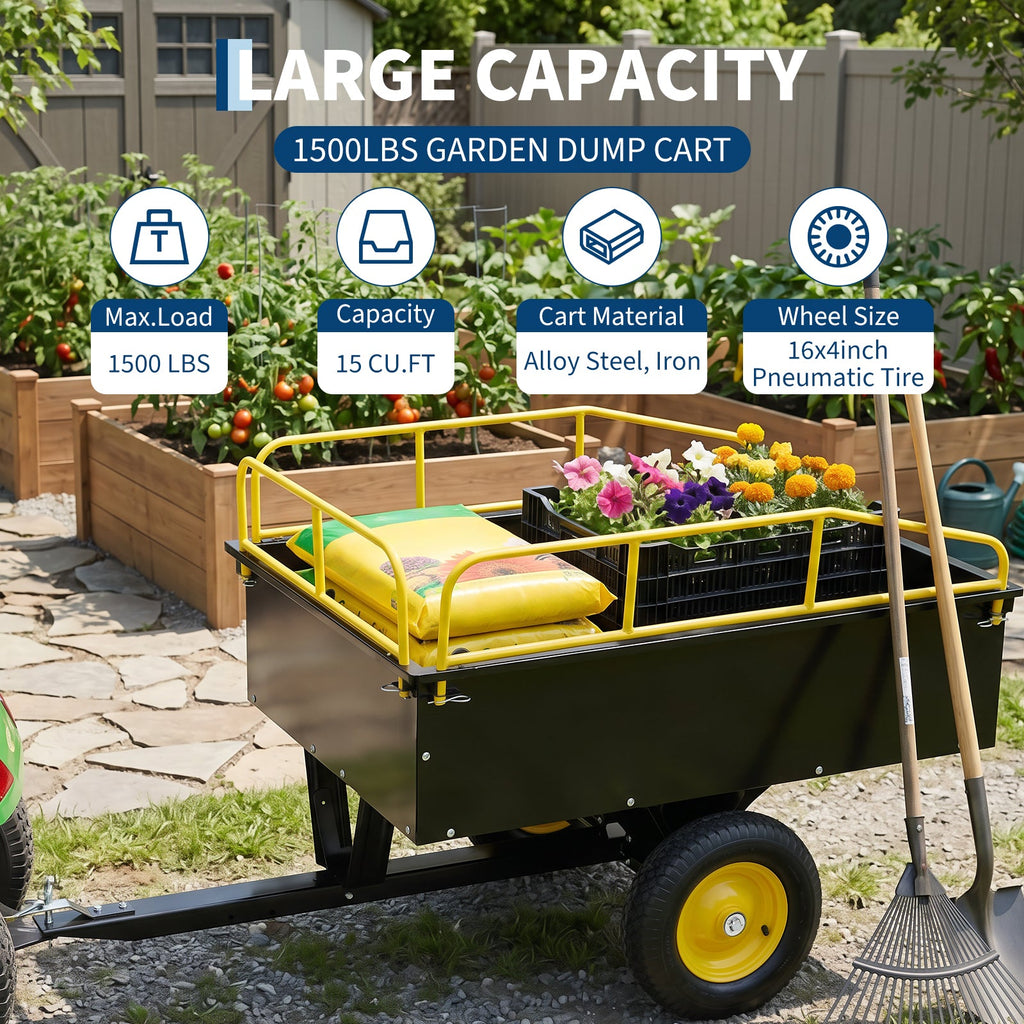 Garvee Yellow Garden Dump Cart, 750 lbs Capacity 15 Cu Ft Heavy Duty Steel Utility Trailer with Removable Sides for ATV, UTV, Lawn Mower & Tractor