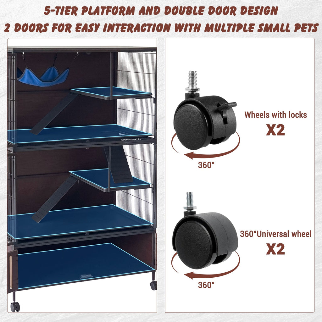 Garvee 5-Tier Rolling Ferret Cage Large, 60"H Small Animal Mansion for Chinchilla/Squirrel, Multi-Level Habitat with Hammock, Lockable Doors & Ramps, Ideal for Pet Rodents, with Sturdy Back Panel