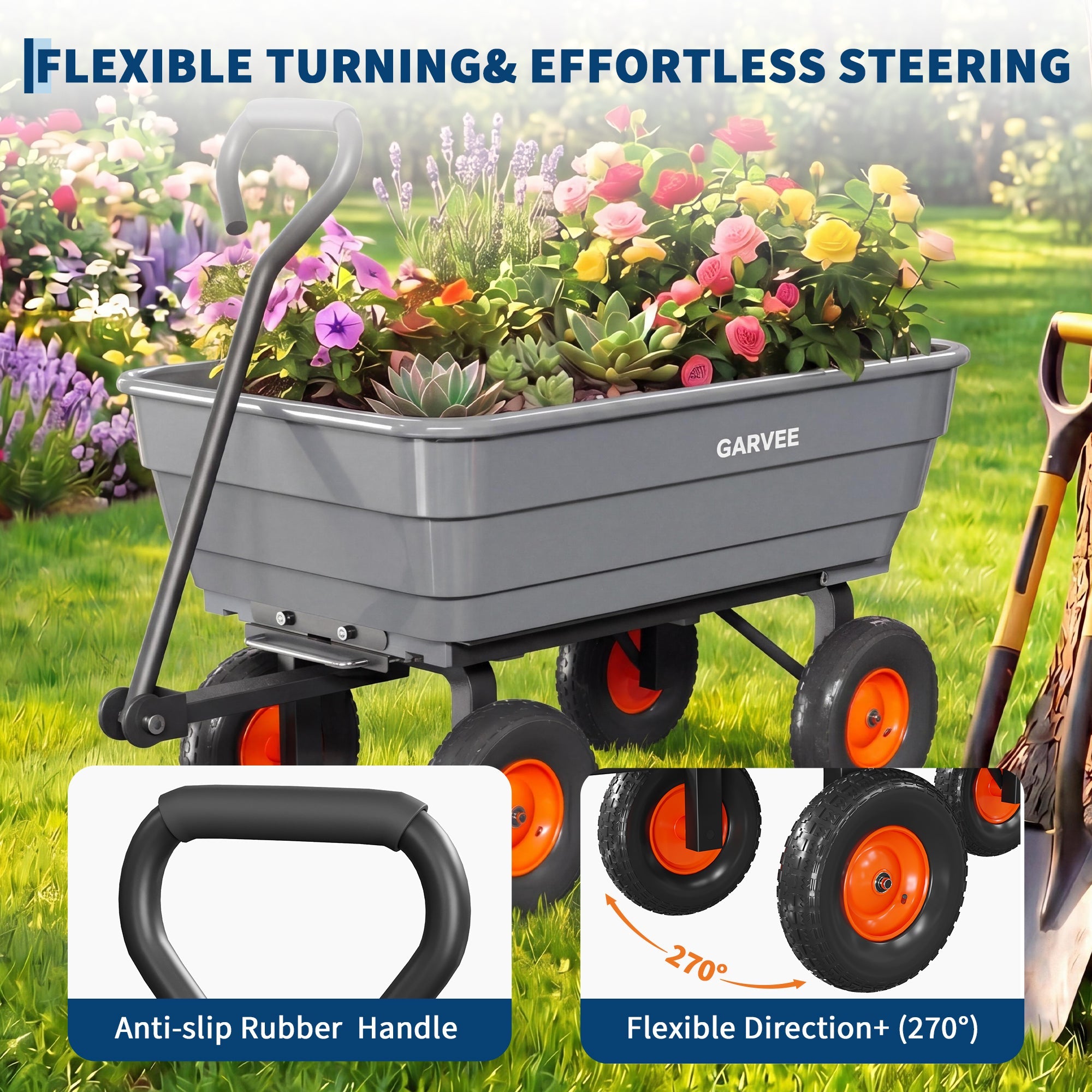 Garvee Garden Dump Cart 600 lb Capacity, 10" All-Terrain Wheel Utility Wagon with Steel Frame, Poly Bed, Quick-Release Dump & 180° Handle, Gray/Orange