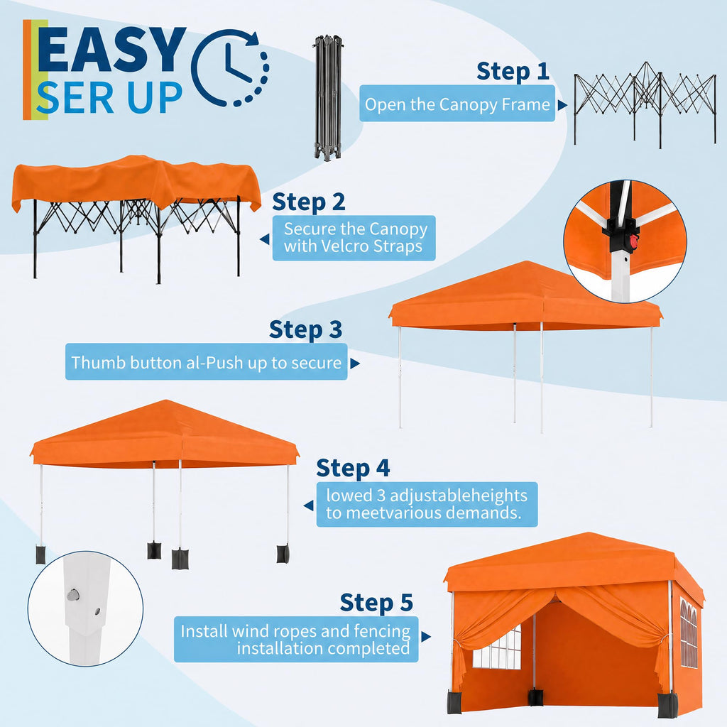 Garvee 10x10 FT Pop Up Canopy Tent, 210D Waterproof Oxford Gazebo with 4 Detachable Window Sidewalls, UPF 50+ Steel Frame Shelter for Camping, Parties & Backyard, Orange