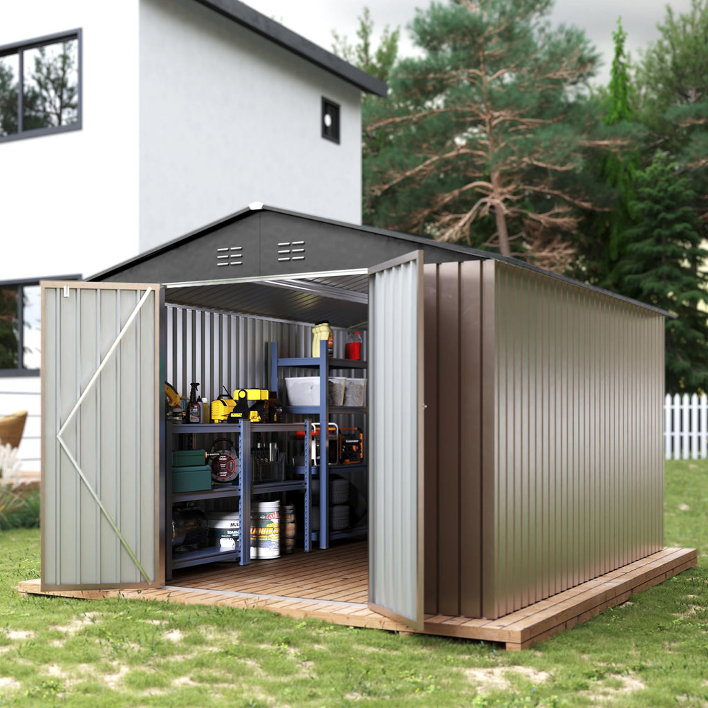 Garvee Spacious 8x12 FT Metal Outdoor Storage Outdoor Storage - Reinforced Frame, Lockable T-Type Door, Weatherproof, Ideal for Garden Tools & Bikes - Brown with Dark Roof