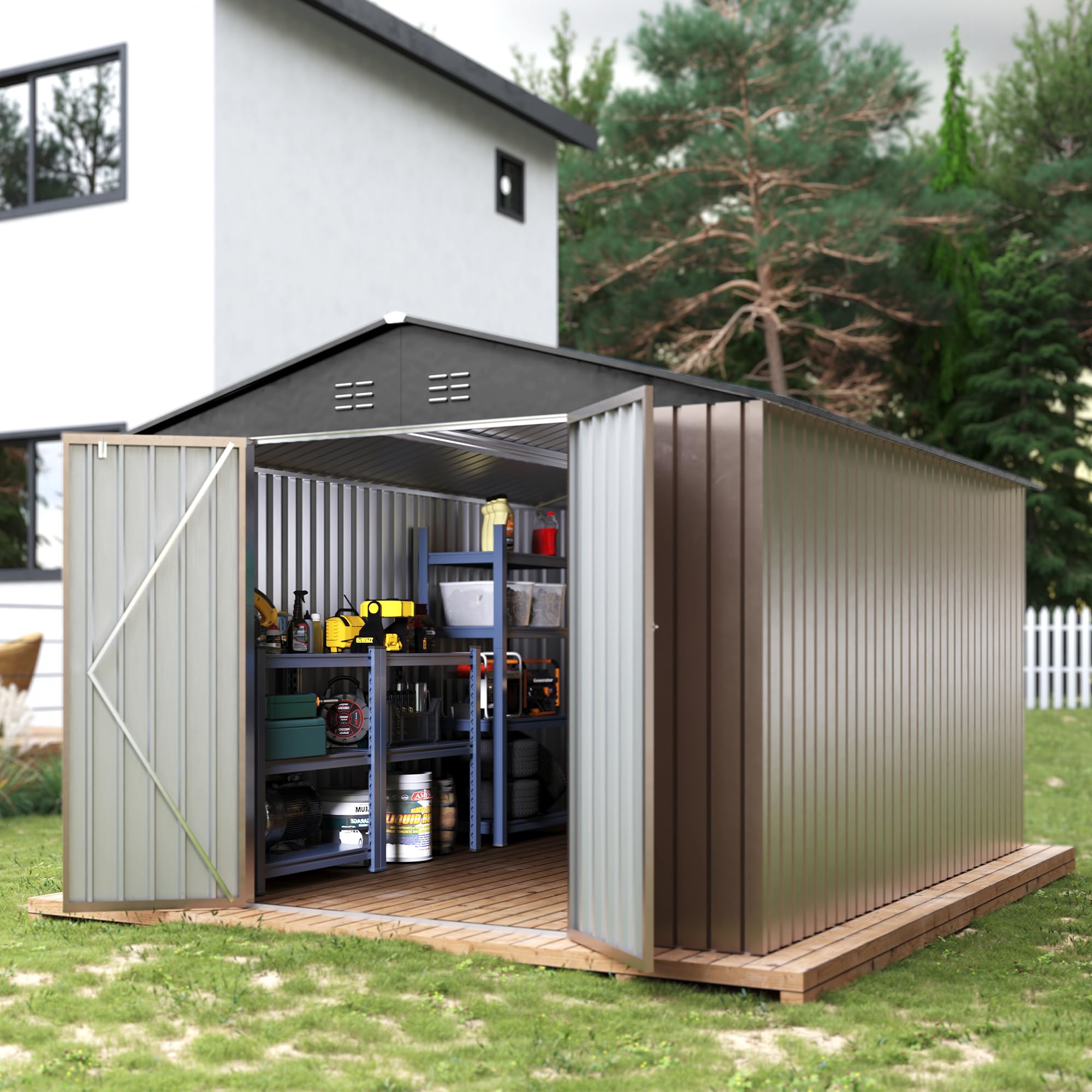Garvee Spacious 8x12 FT Metal Outdoor Storage Outdoor Storage - Reinforced Frame, Lockable T-Type Door, Weatherproof, Ideal for Garden Tools & Bikes - Brown with Dark Roof