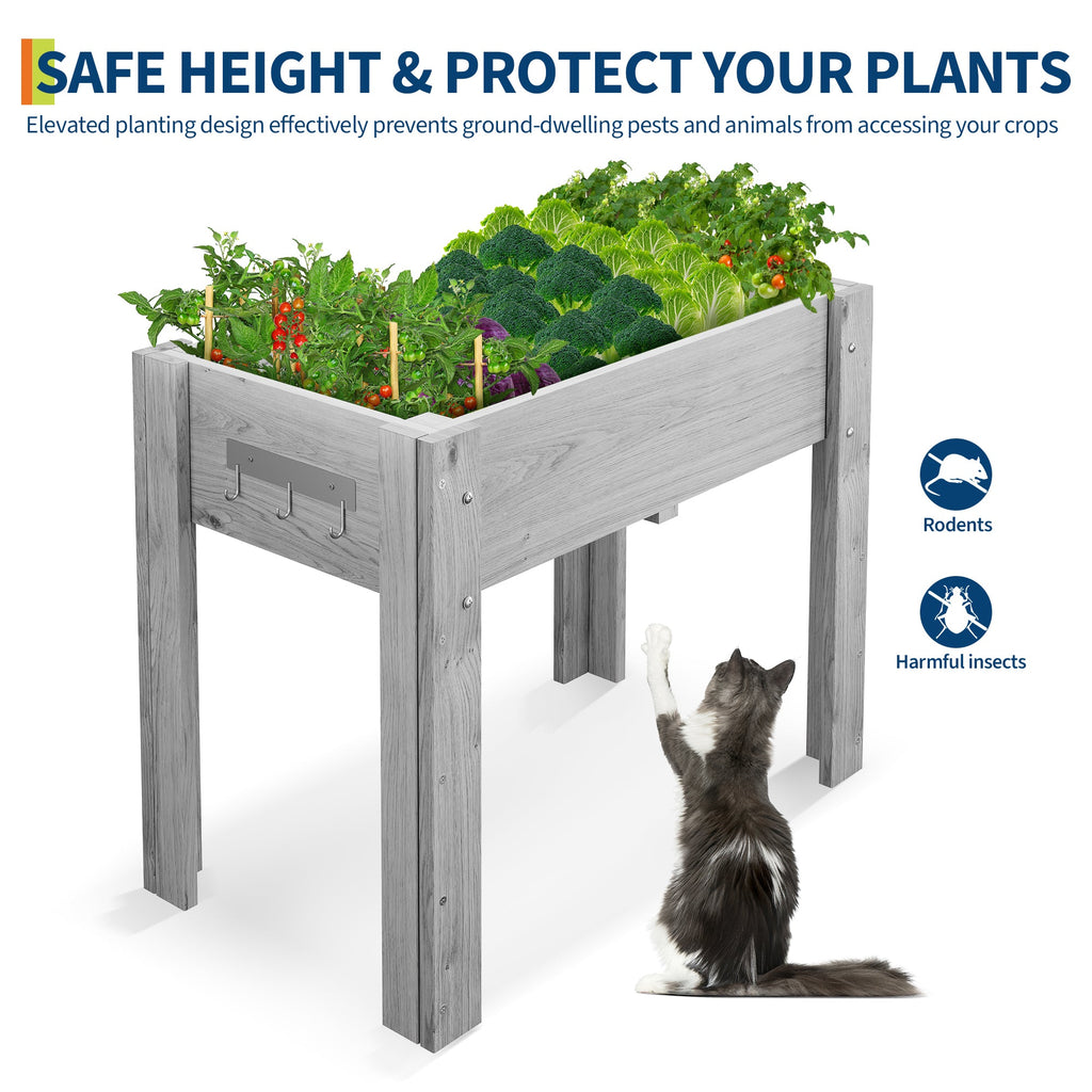 Garvee 34" x 18" x 30" Gray Elevated Wooden Planter Bed with Legs & Hooks, Raised Fir Wood Garden Box with Non-Woven Liner, Ergonomic Outdoor Planter for Vegetables, Herbs, Flowers, Patio & Balcony
