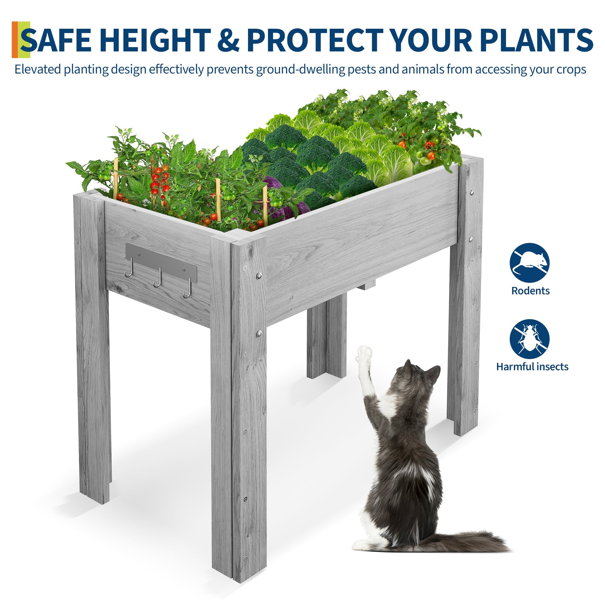 Garvee 34" x 18" x 30" Gray Elevated Wooden Planter Bed with Legs & Hooks, Raised Fir Wood Garden Box with Non-Woven Liner, Ergonomic Outdoor Planter for Vegetables, Herbs, Flowers, Patio & Balcony